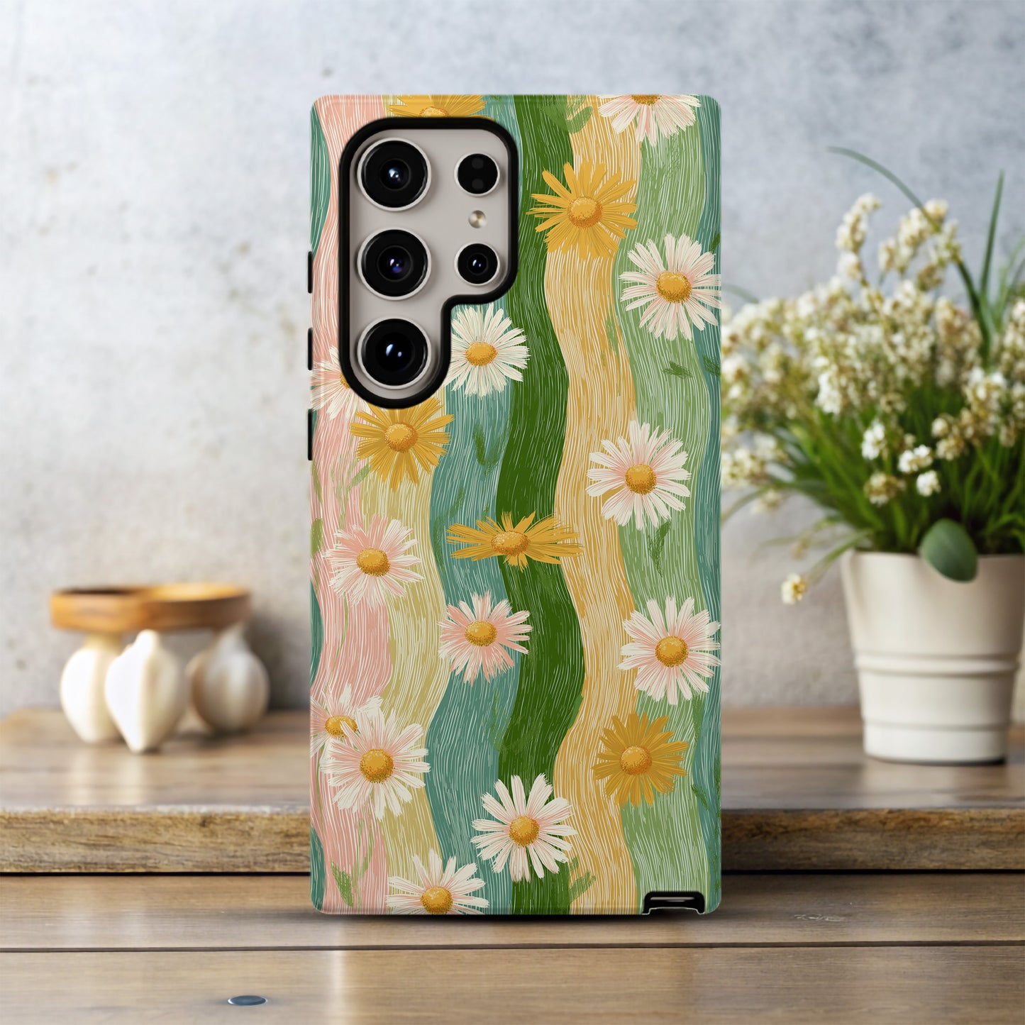 Pastel Meadow Daisies – Vintage Striped Floral Case