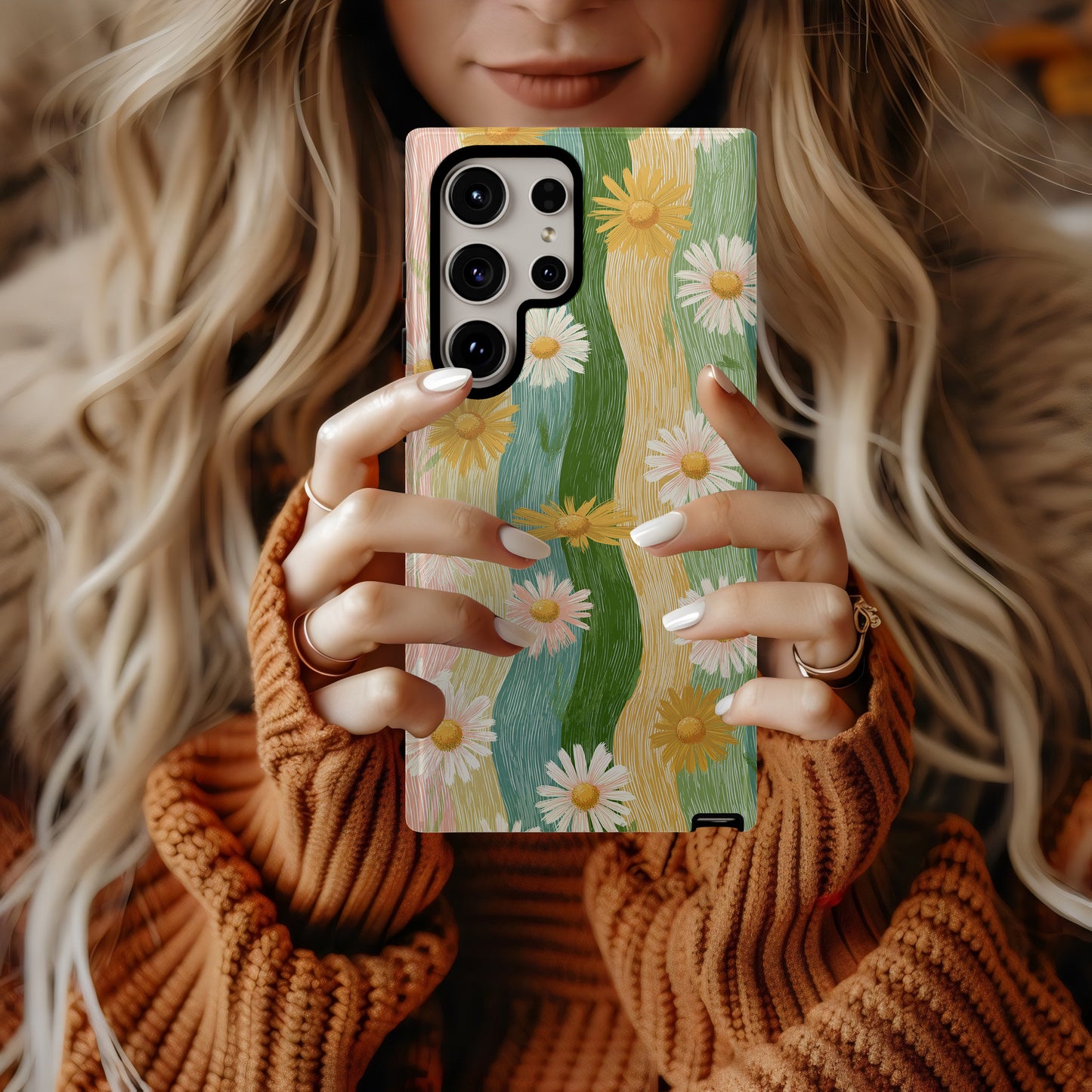 Pastel Meadow Daisies – Vintage Striped Floral Case
