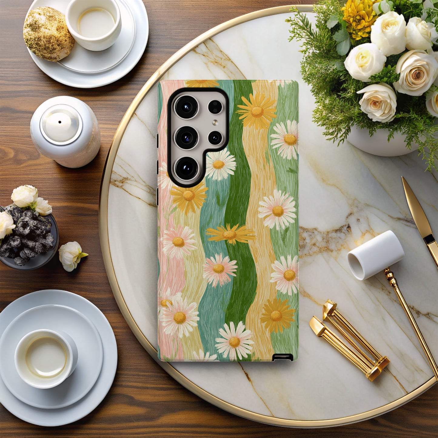 Pastel Meadow Daisies – Vintage Striped Floral Case