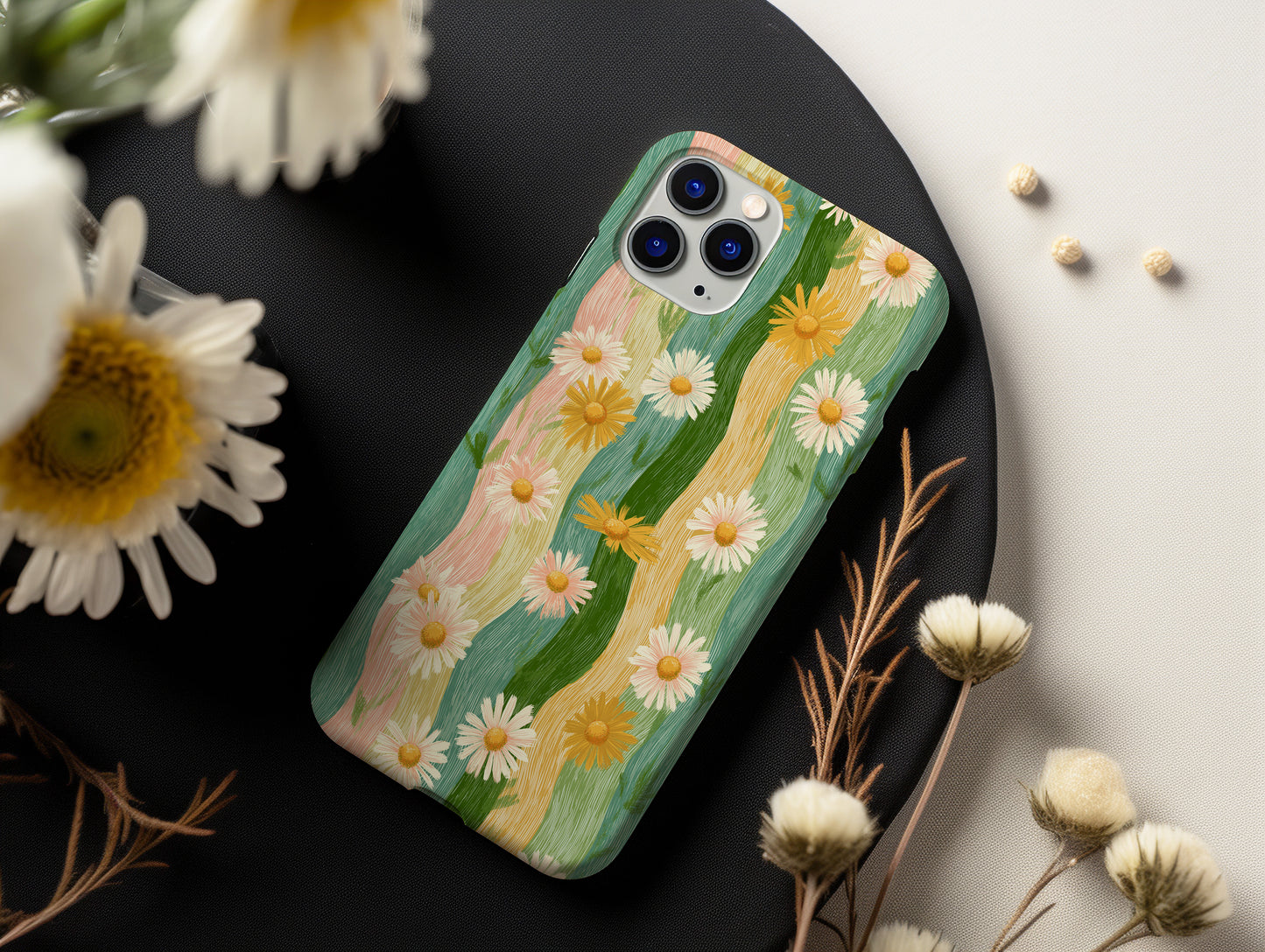 Pastel Meadow Daisies – Vintage Striped Floral Case