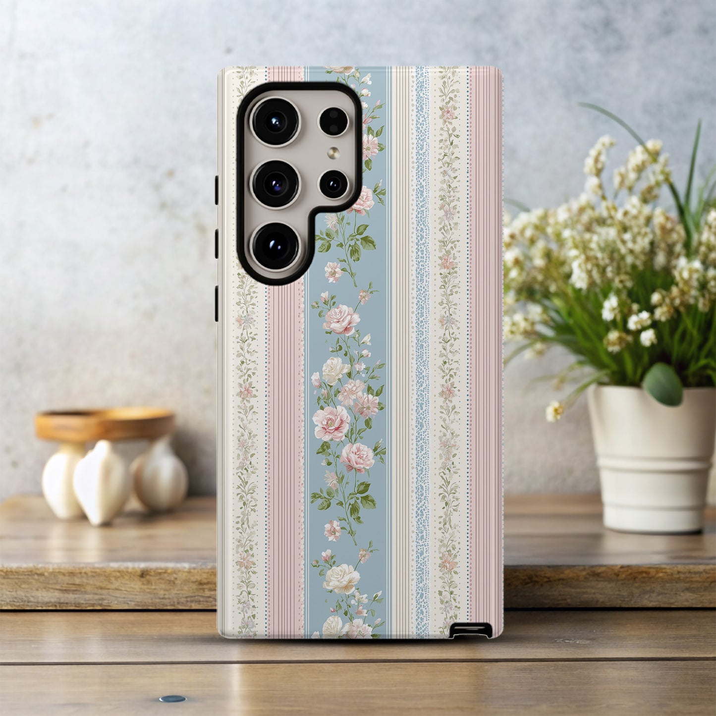 Rose Lace Reverie – Shabby Chic Floral Stripe Case