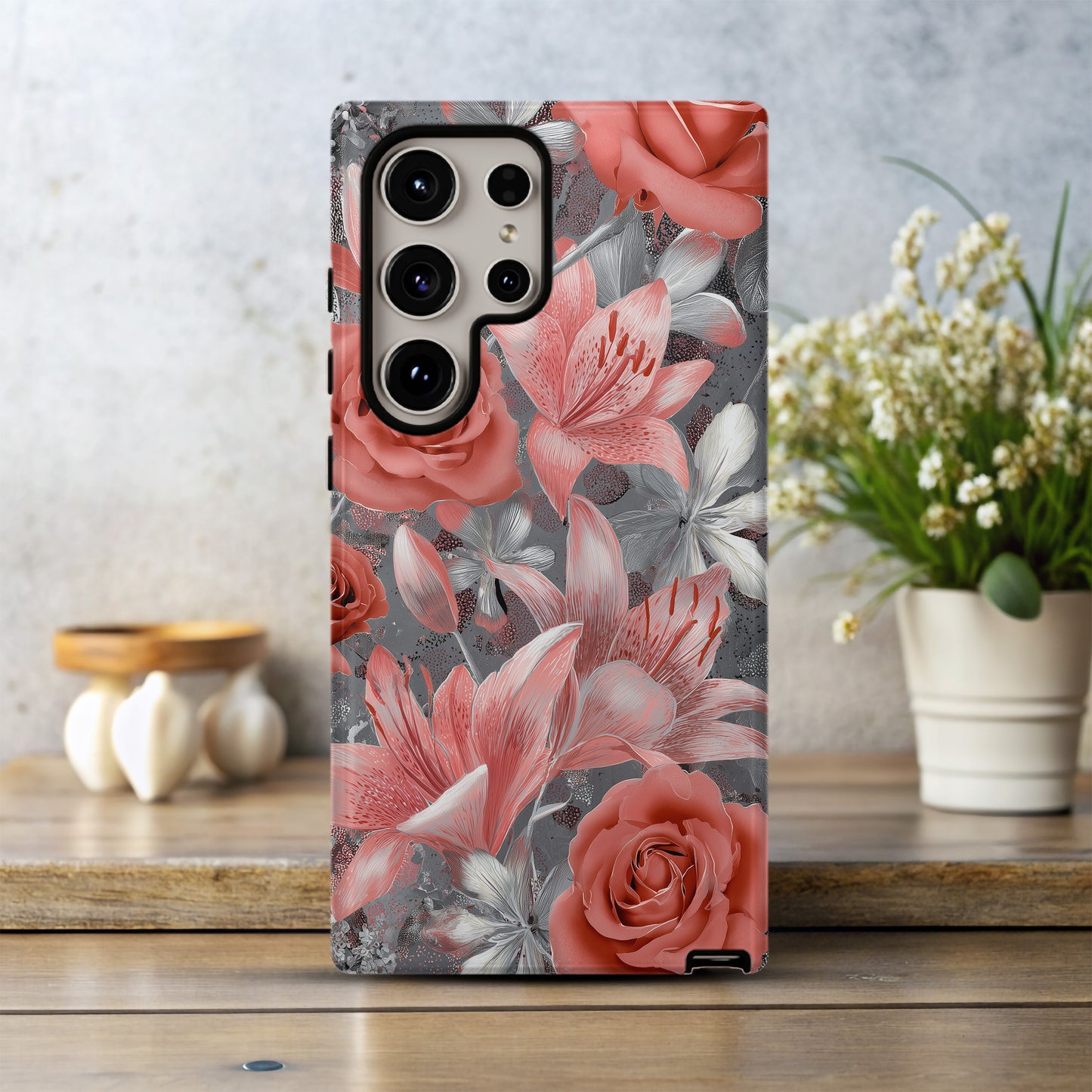 Silver Flame Elegance – Rose & Lily Metallic Floral Case