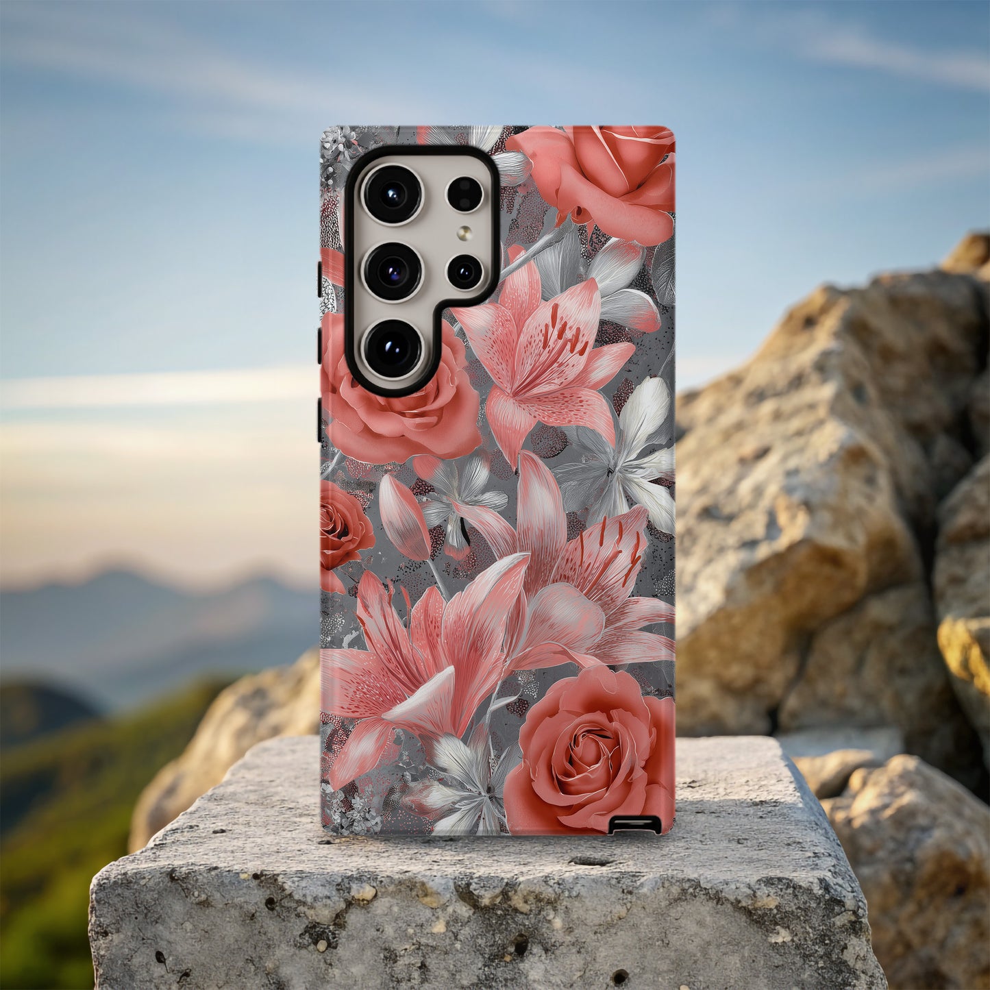 Silver Flame Elegance – Rose & Lily Metallic Floral Case