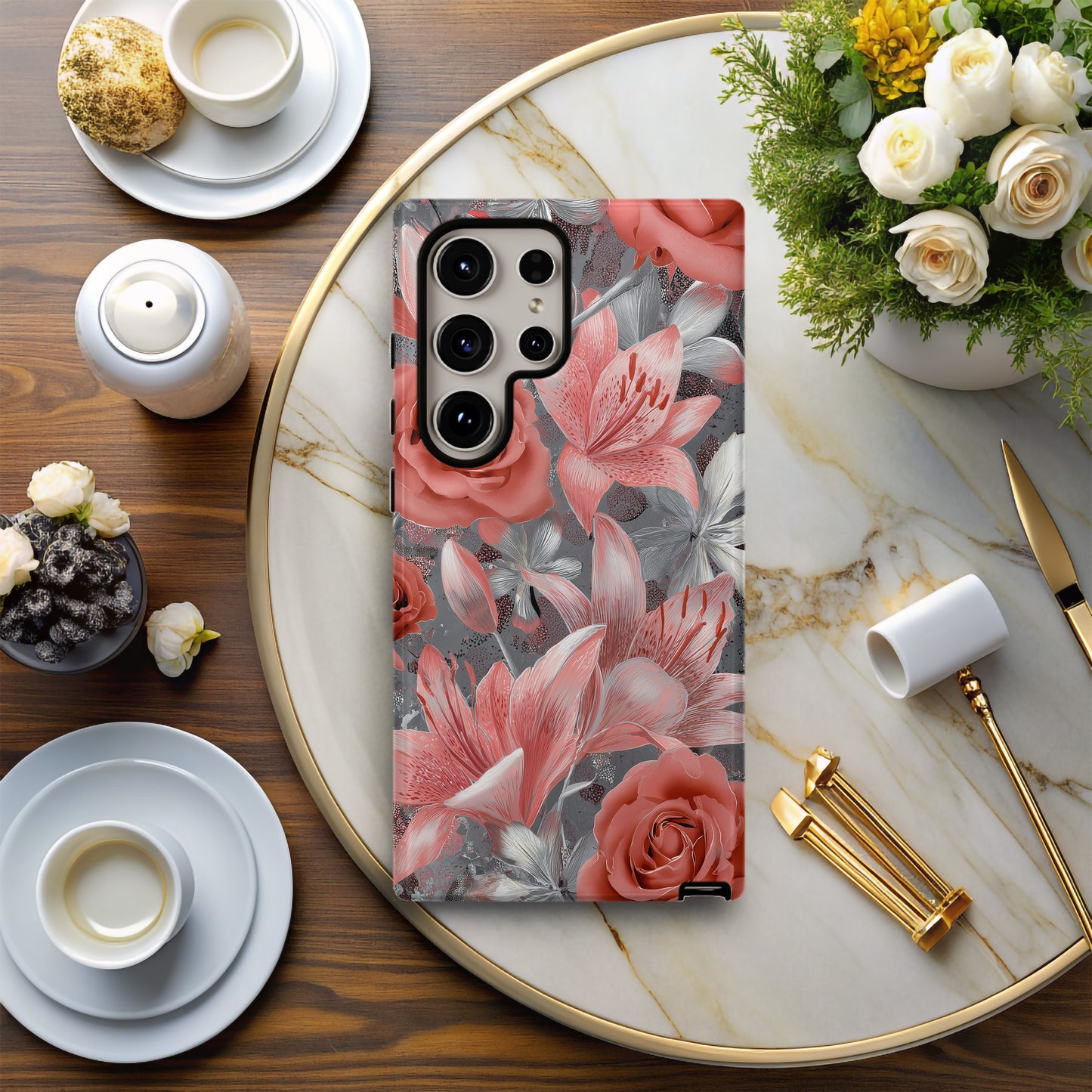 Silver Flame Elegance – Rose & Lily Metallic Floral Case