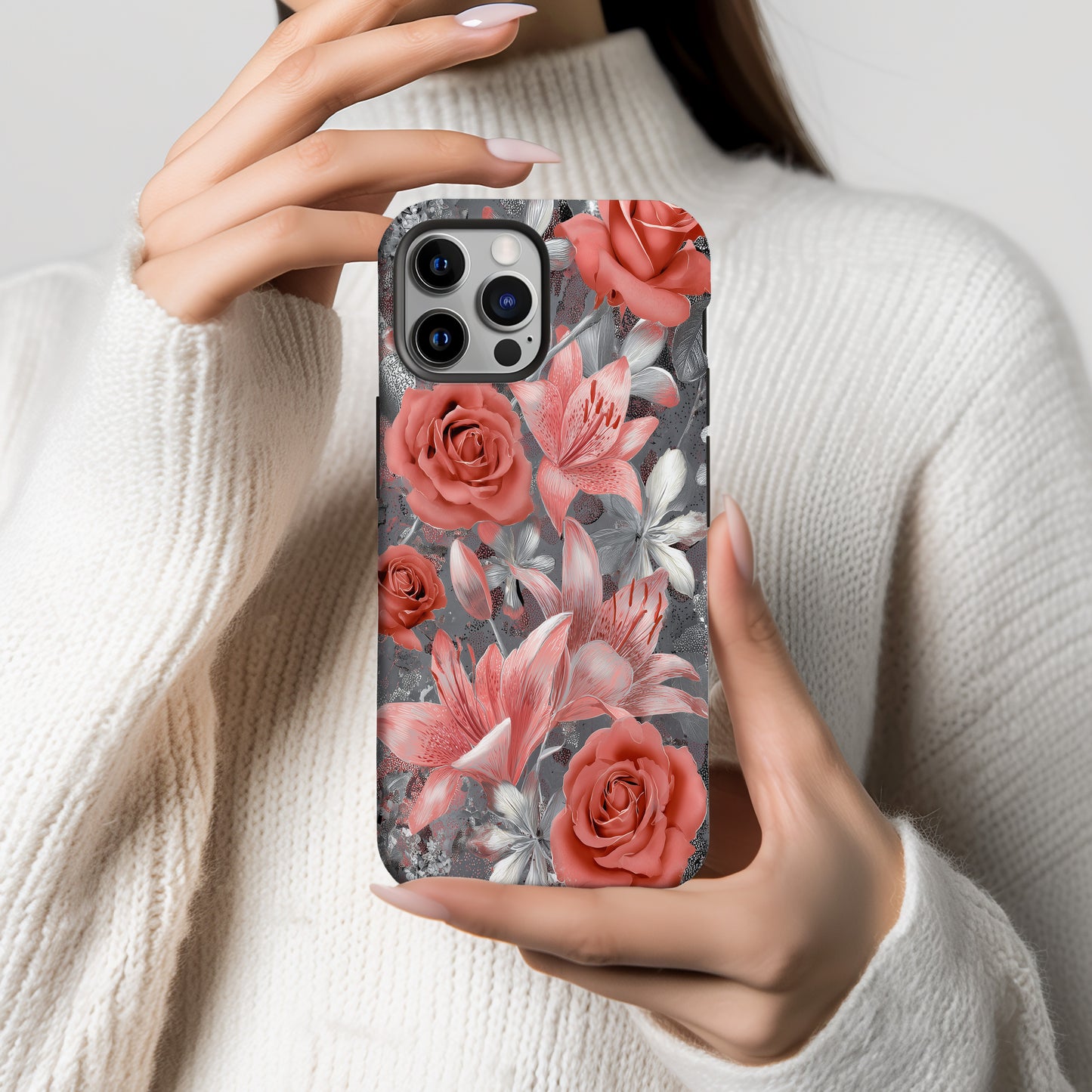 Silver Flame Elegance – Rose & Lily Metallic Floral Case