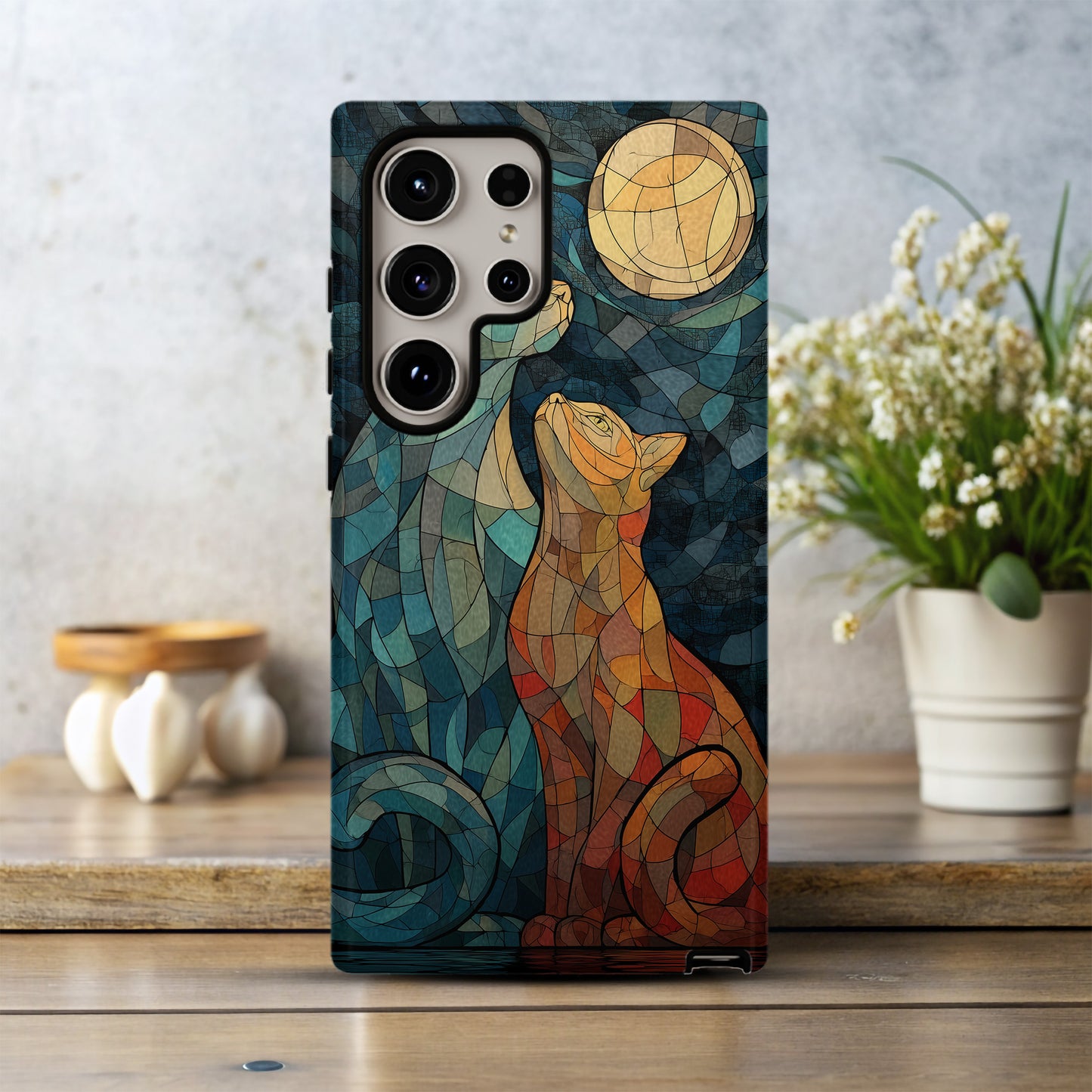 Moonlit Companions – Twin Cats in Stained Glass Splendor