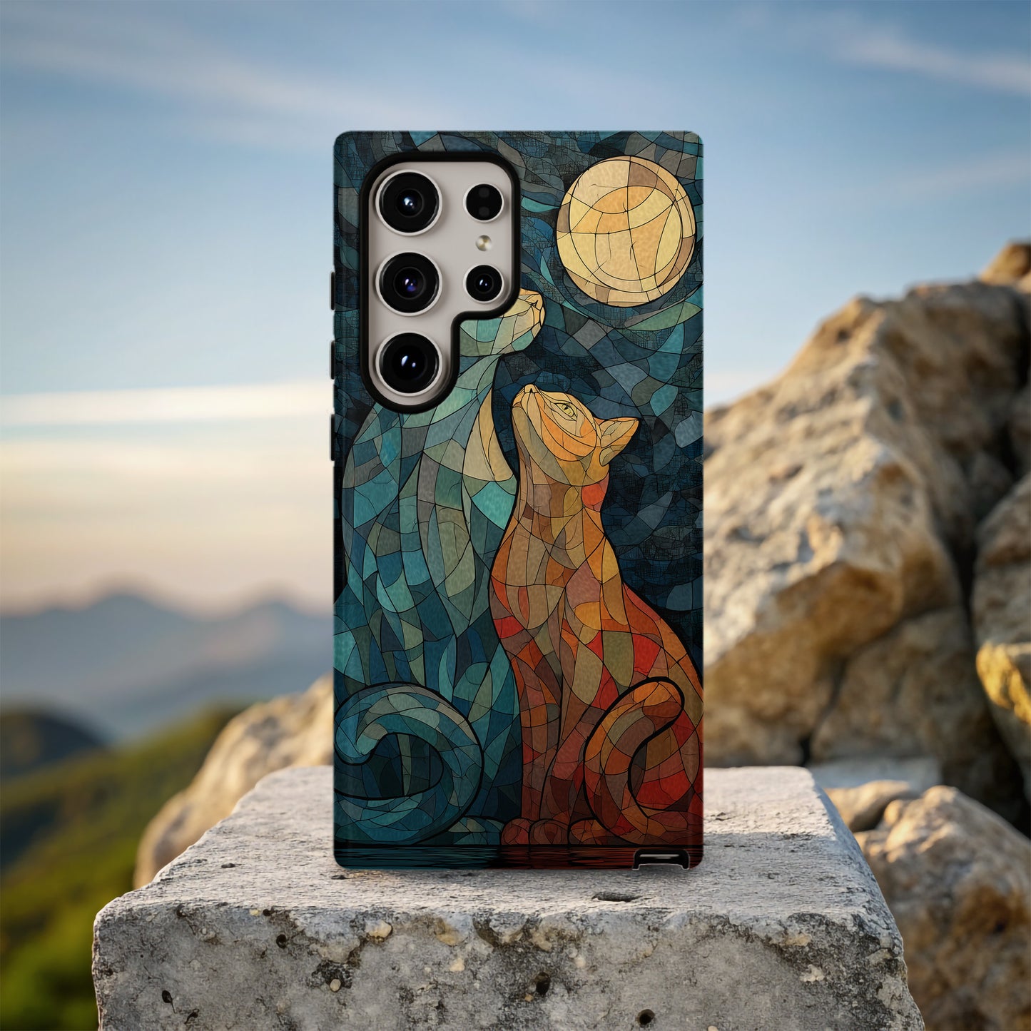 Moonlit Companions – Twin Cats in Stained Glass Splendor