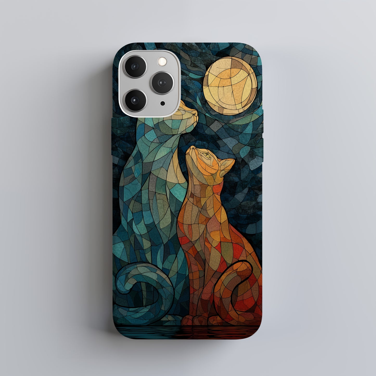 Moonlit Companions – Twin Cats in Stained Glass Splendor