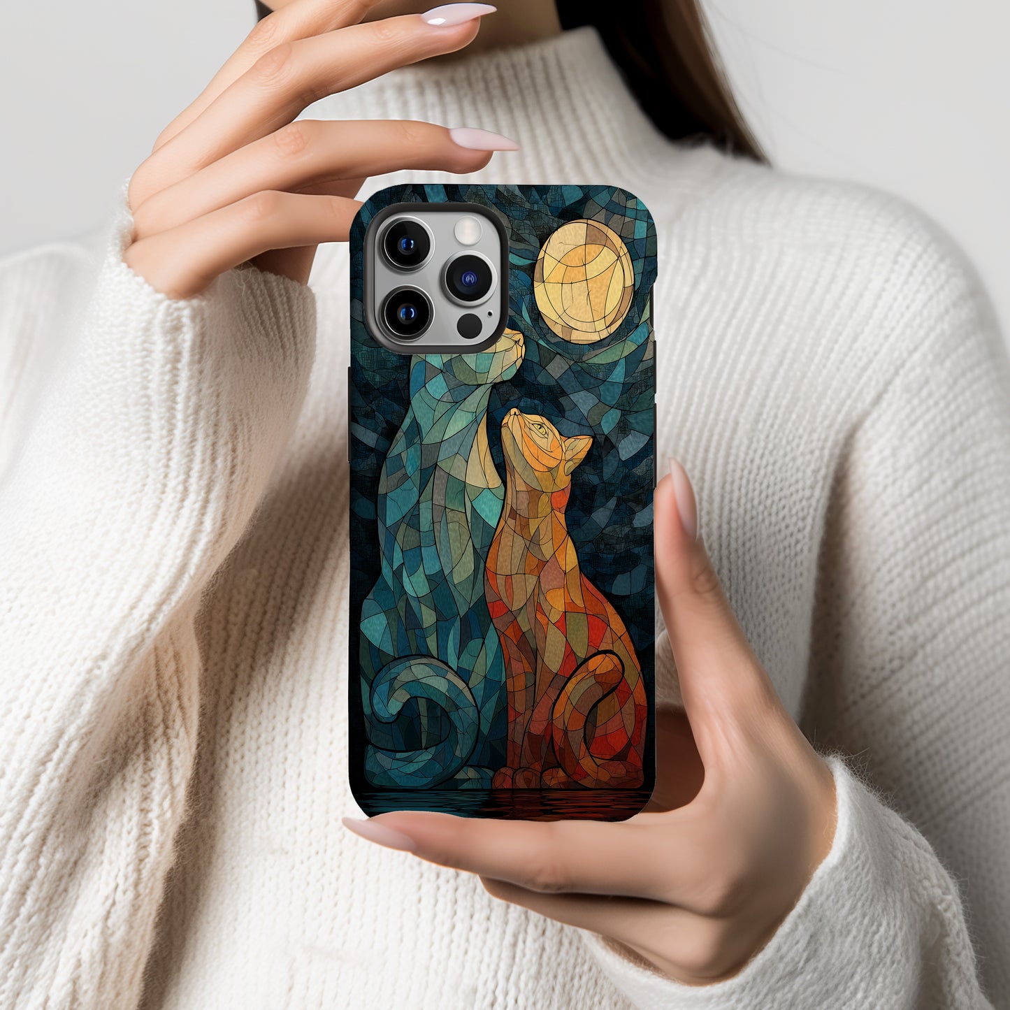 Moonlit Companions – Twin Cats in Stained Glass Splendor