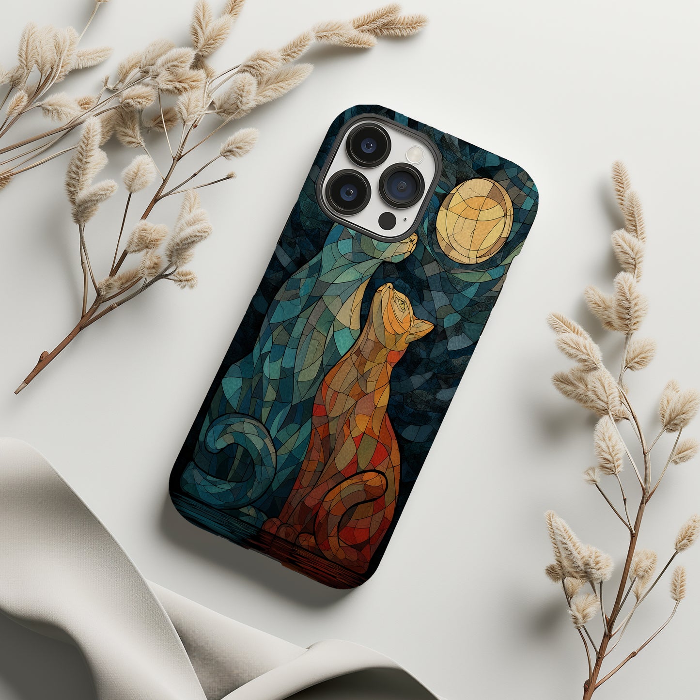 Moonlit Companions – Twin Cats in Stained Glass Splendor