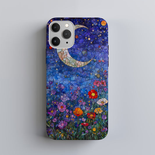Celestial Bloom – Crescent Moon & Starlit Garden in Stained Glass