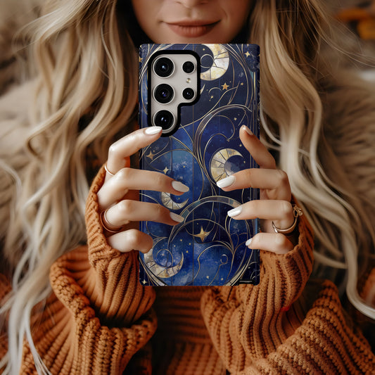 Celestial Harmony – Crescent Moons & Stars in Stained Glass Phone Case