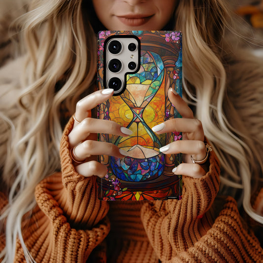 Timeless Flow – Cosmic Hourglass Stained Glass Phone Case