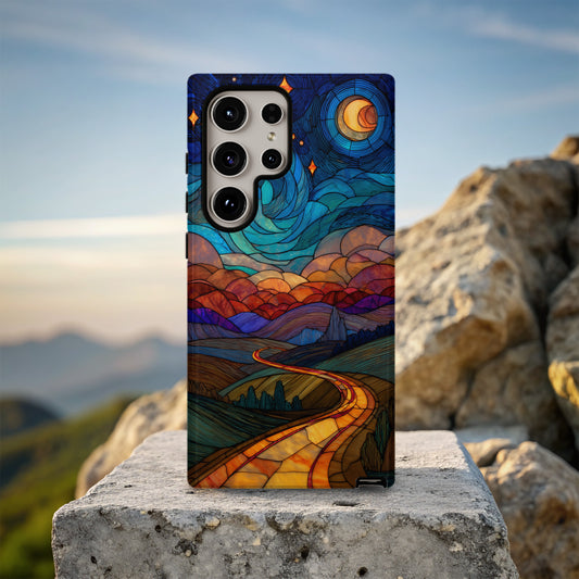 Starlit Journey Phone Case – Golden Road Under a Cosmic Sky in Stained Glass