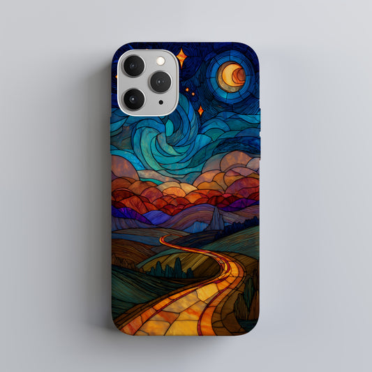 Starlit Journey Phone Case – Golden Road Under a Cosmic Sky in Stained Glass