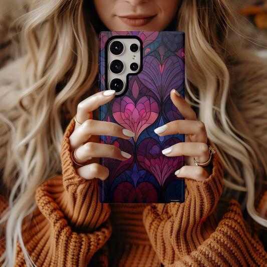 Crimson Twilight Heart Stained Glass Phone Case