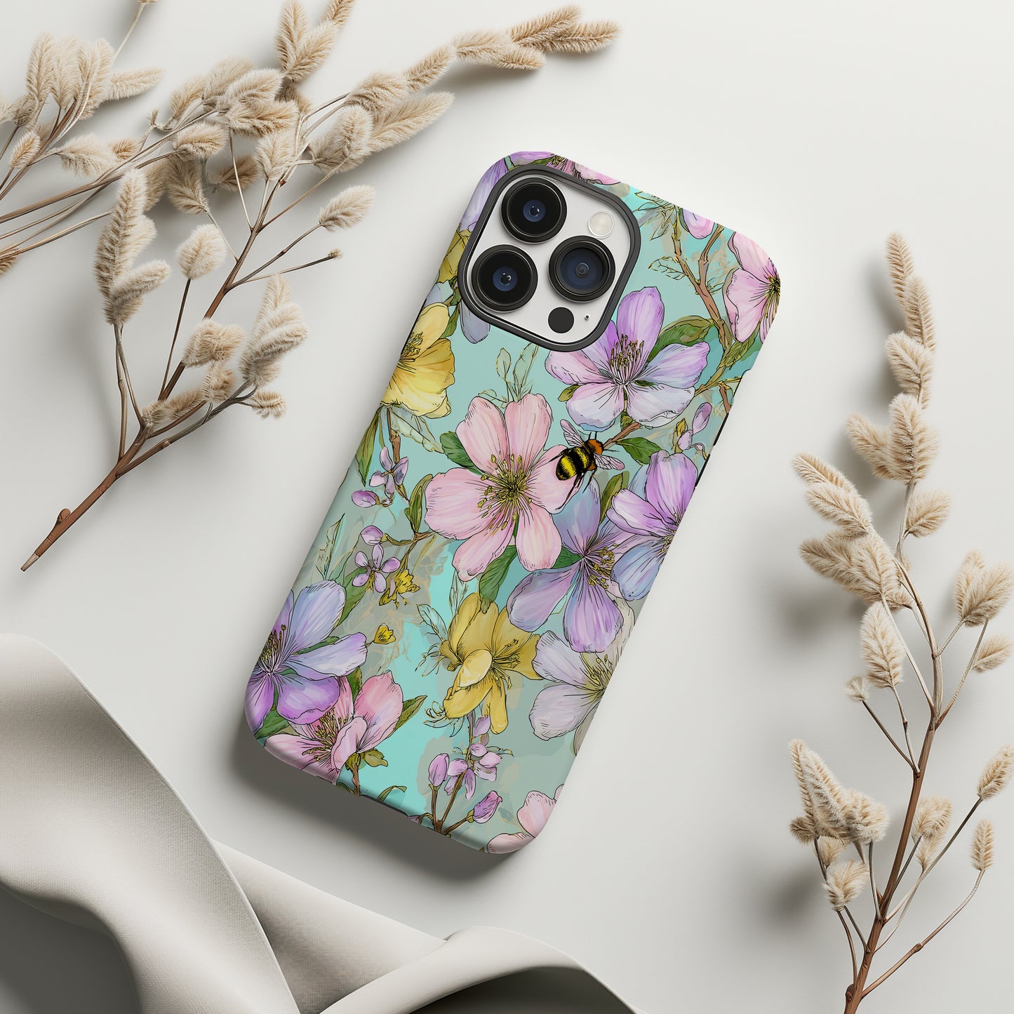 Spring Blossom Bee Phone Case – Pastel Floral Aesthetic Protective Case