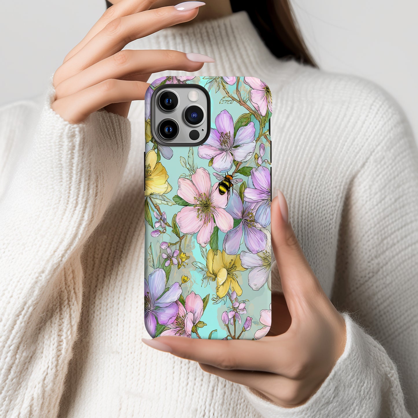 Spring Blossom Bee Phone Case – Pastel Floral Aesthetic Protective Case