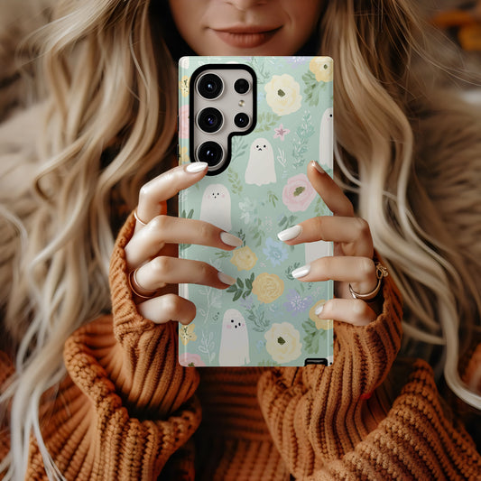 Pastel Ghost Garden Phone Case – Cute Mint Floral Aesthetic Protective Case