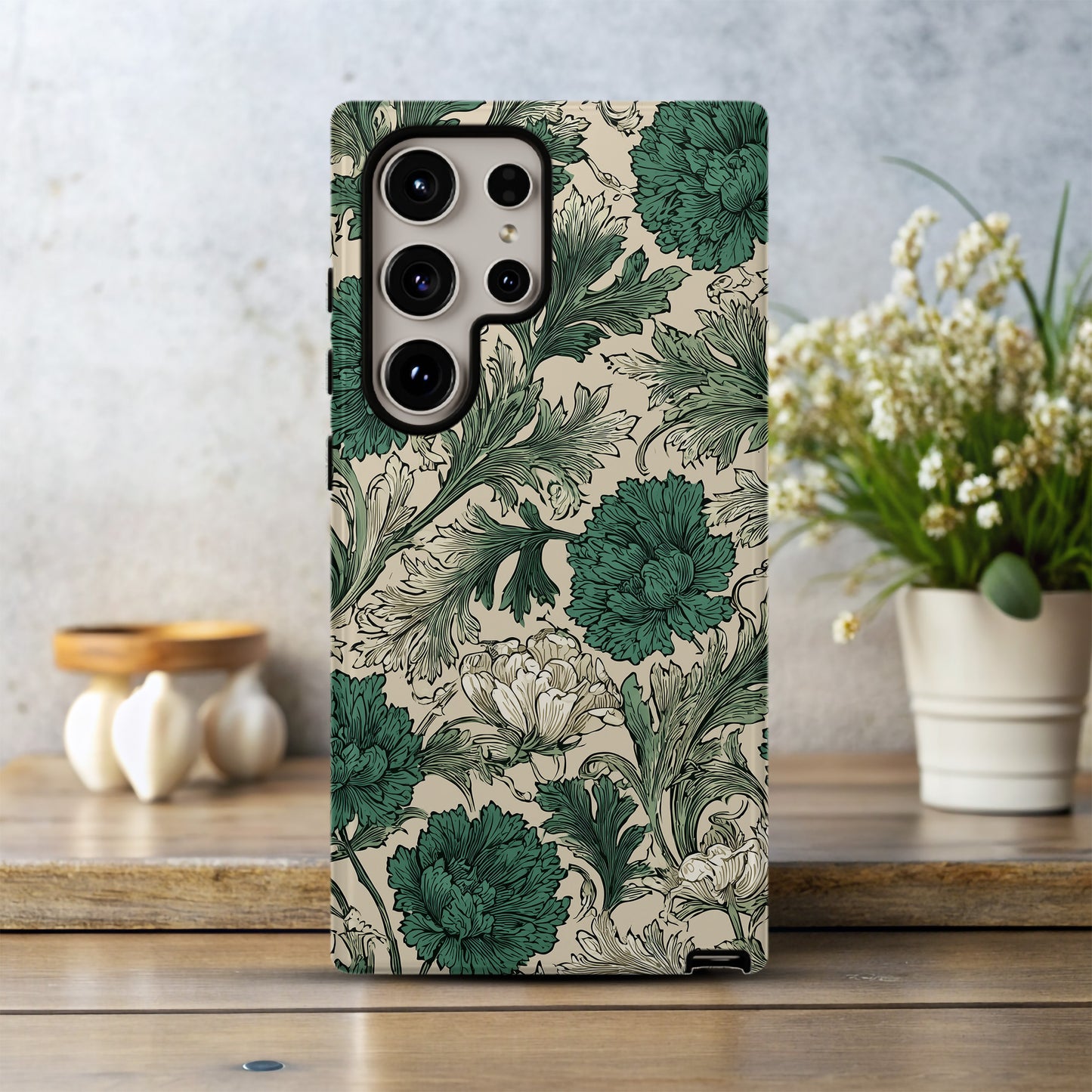 Vintage Botanical Protective Phone Case – Green & Cream Floral Illustration