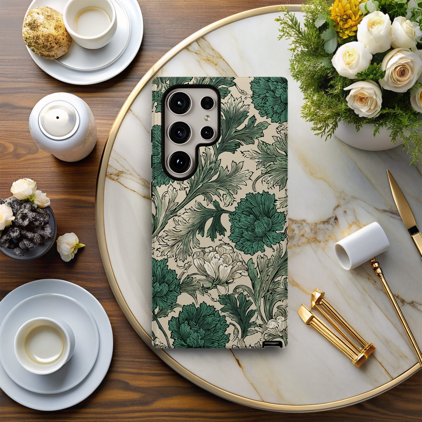 Vintage Botanical Protective Phone Case – Green & Cream Floral Illustration