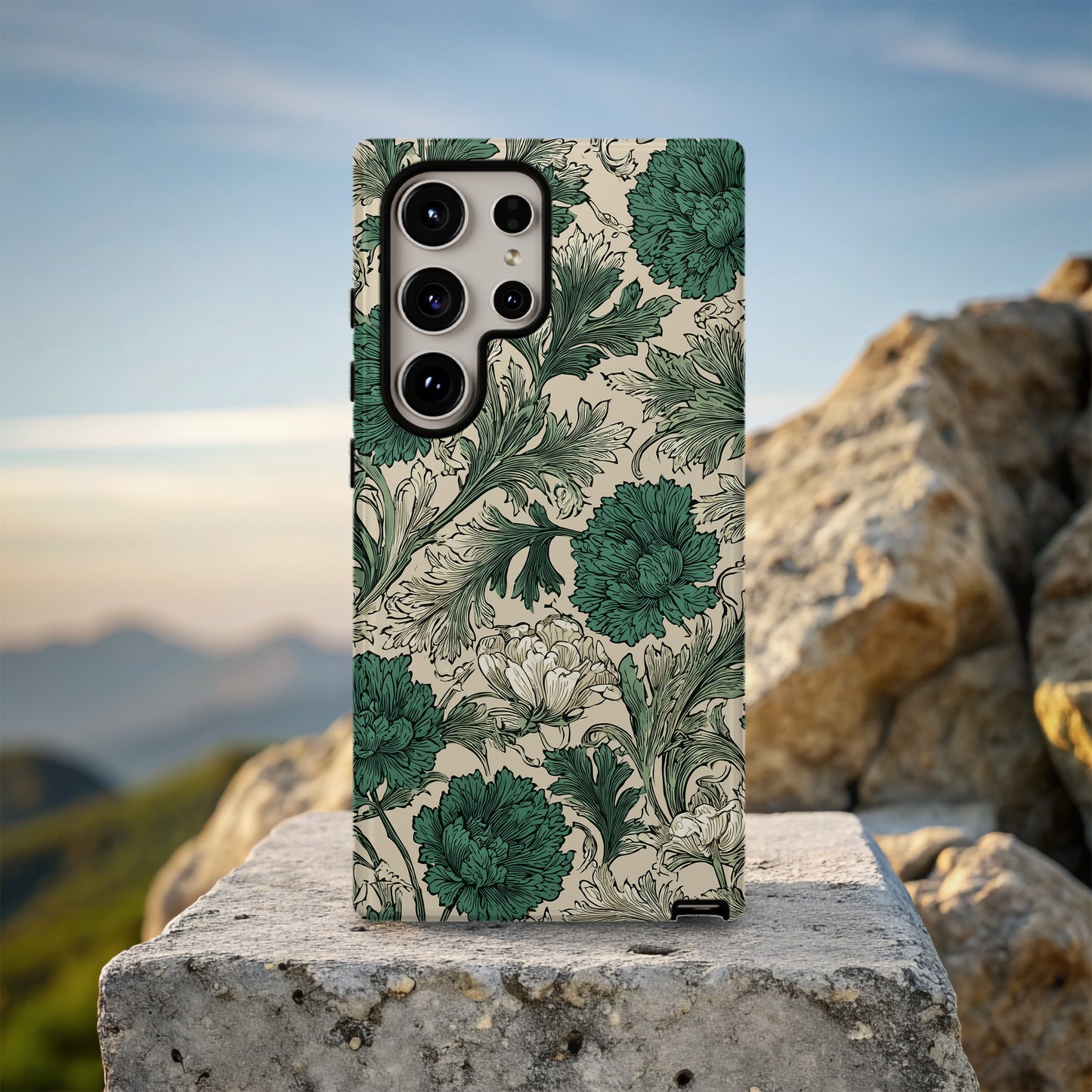Vintage Botanical Protective Phone Case – Green & Cream Floral Illustration