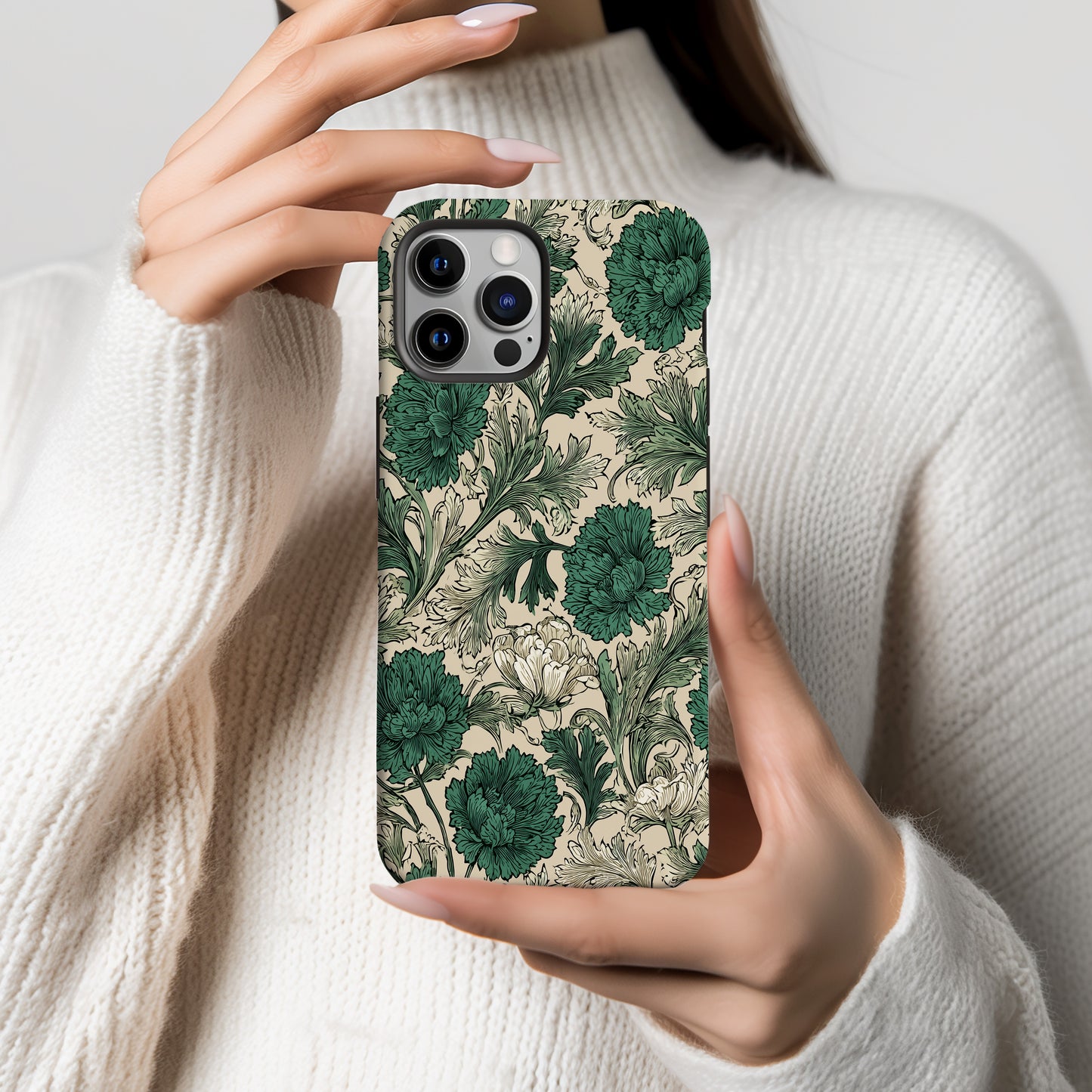 Vintage Botanical Protective Phone Case – Green & Cream Floral Illustration