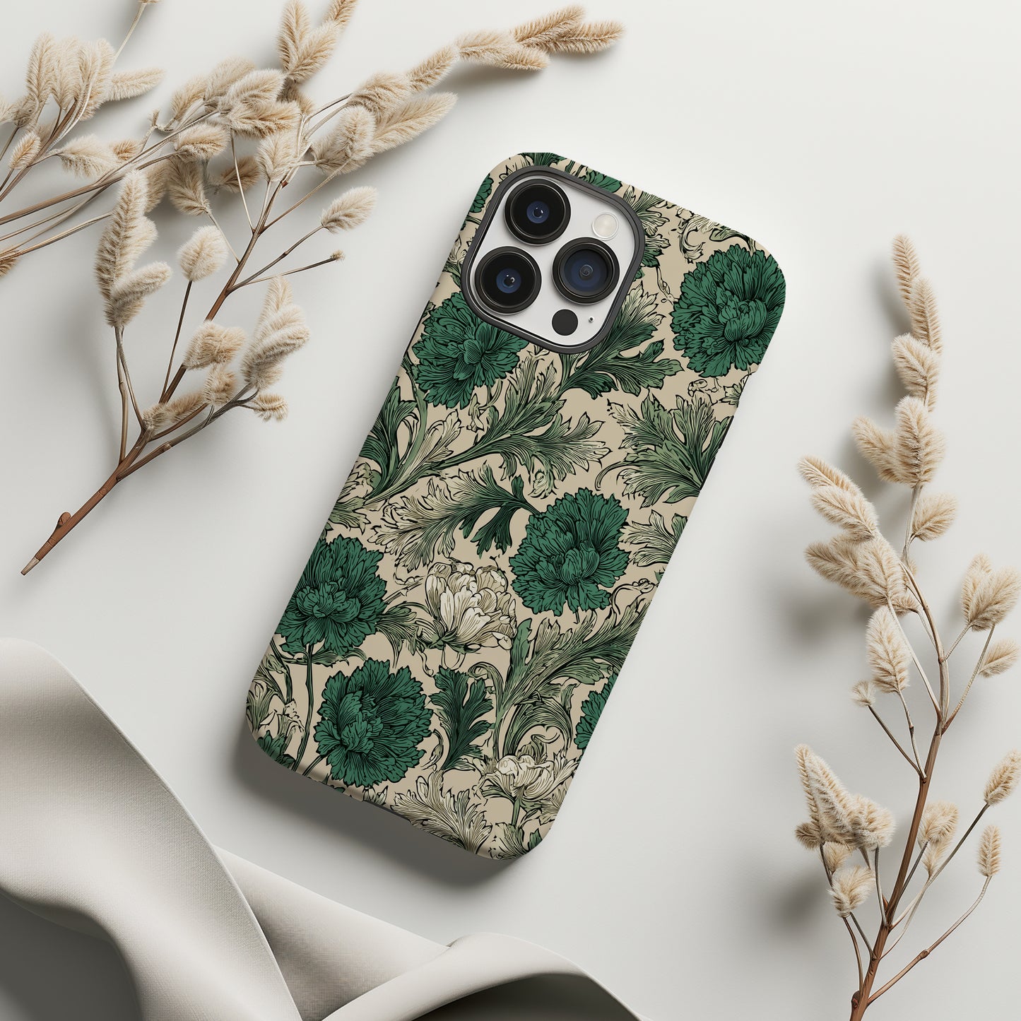 Vintage Botanical Protective Phone Case – Green & Cream Floral Illustration