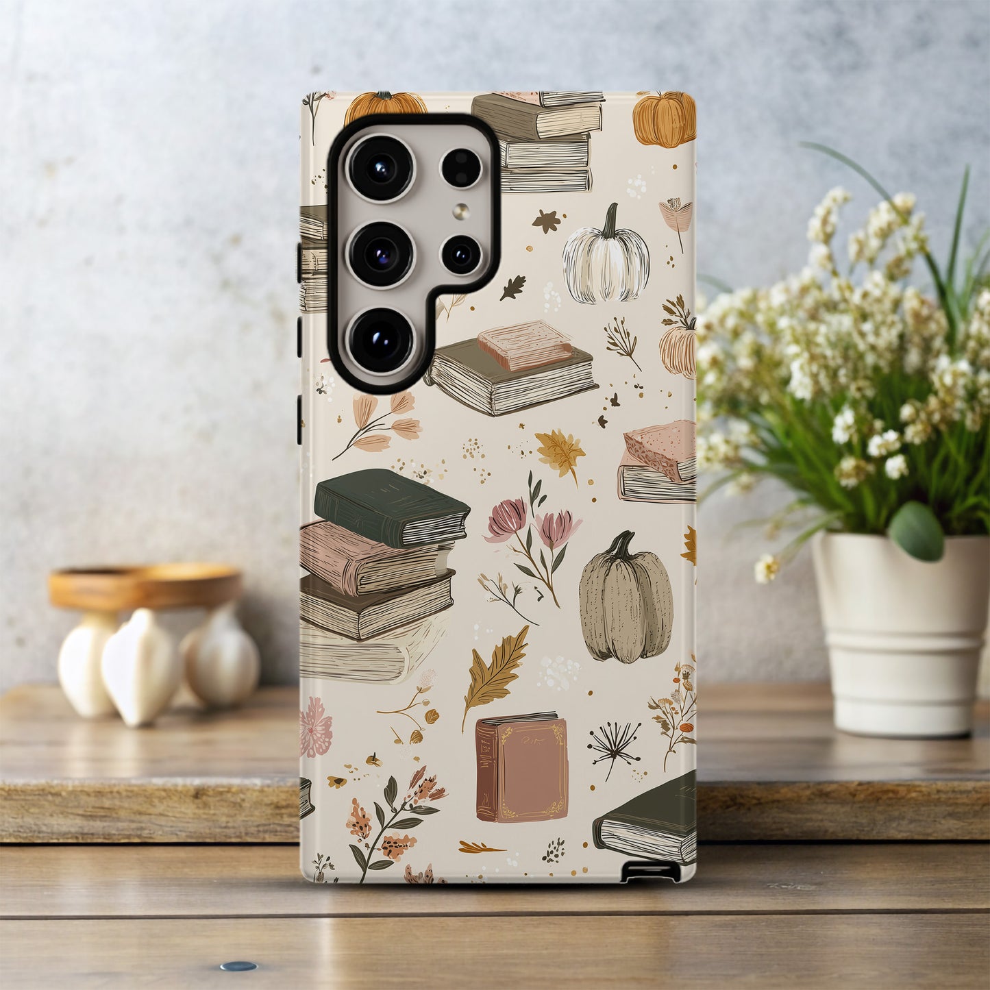 Cozy Autumn Books & Pumpkins Phone Case – Fall Aesthetic Protective Cover