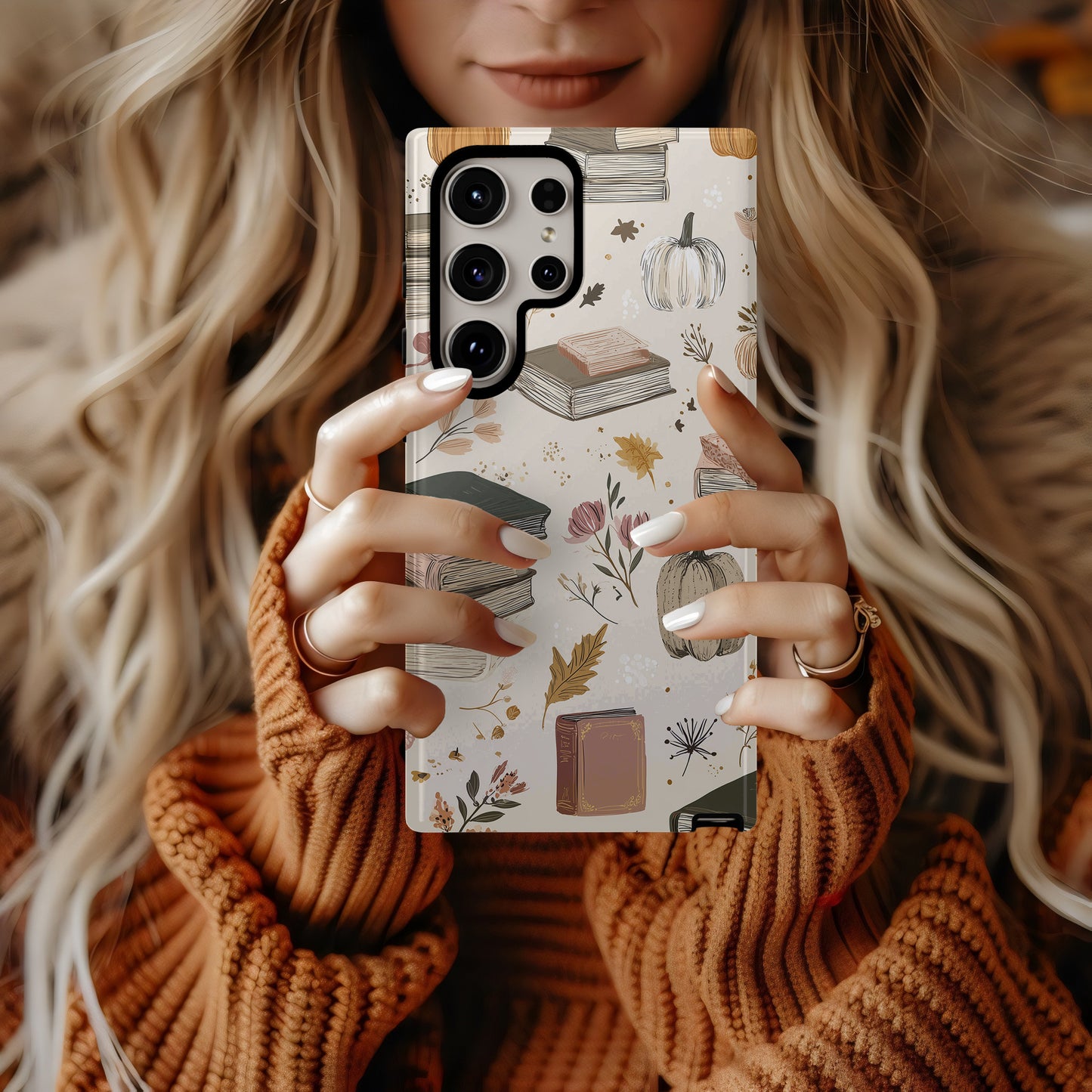Cozy Autumn Books & Pumpkins Phone Case – Fall Aesthetic Protective Cover
