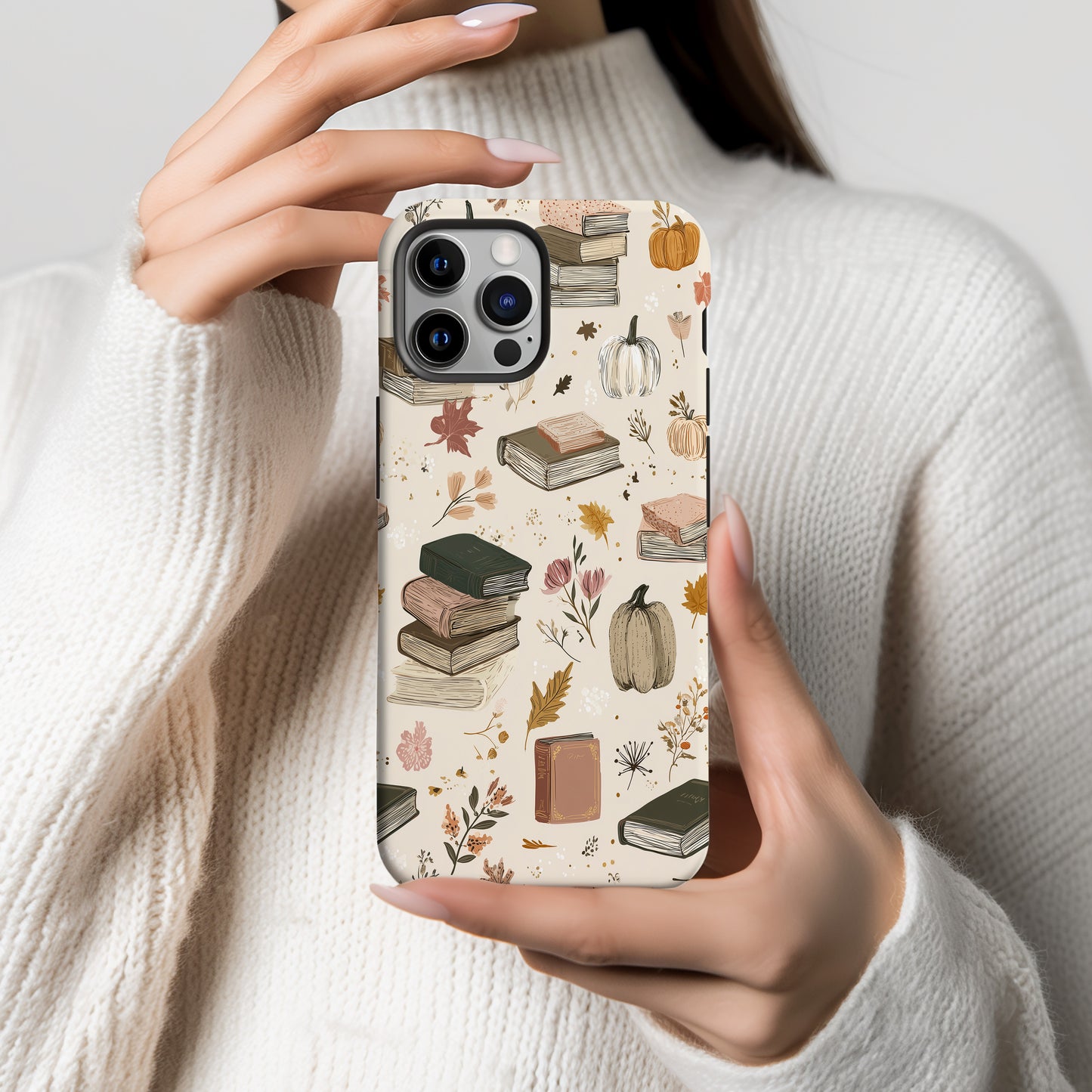 Cozy Autumn Books & Pumpkins Phone Case – Fall Aesthetic Protective Cover