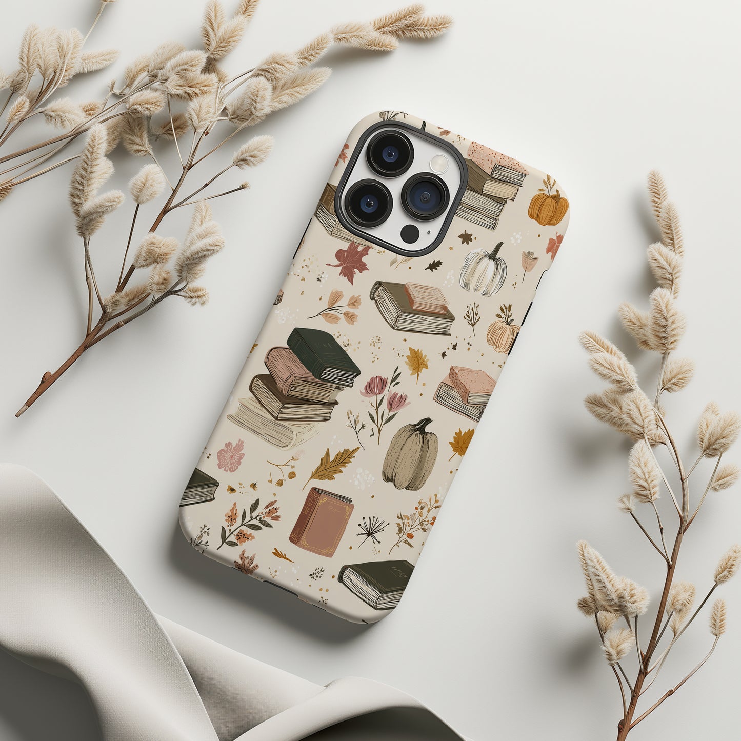 Cozy Autumn Books & Pumpkins Phone Case – Fall Aesthetic Protective Cover