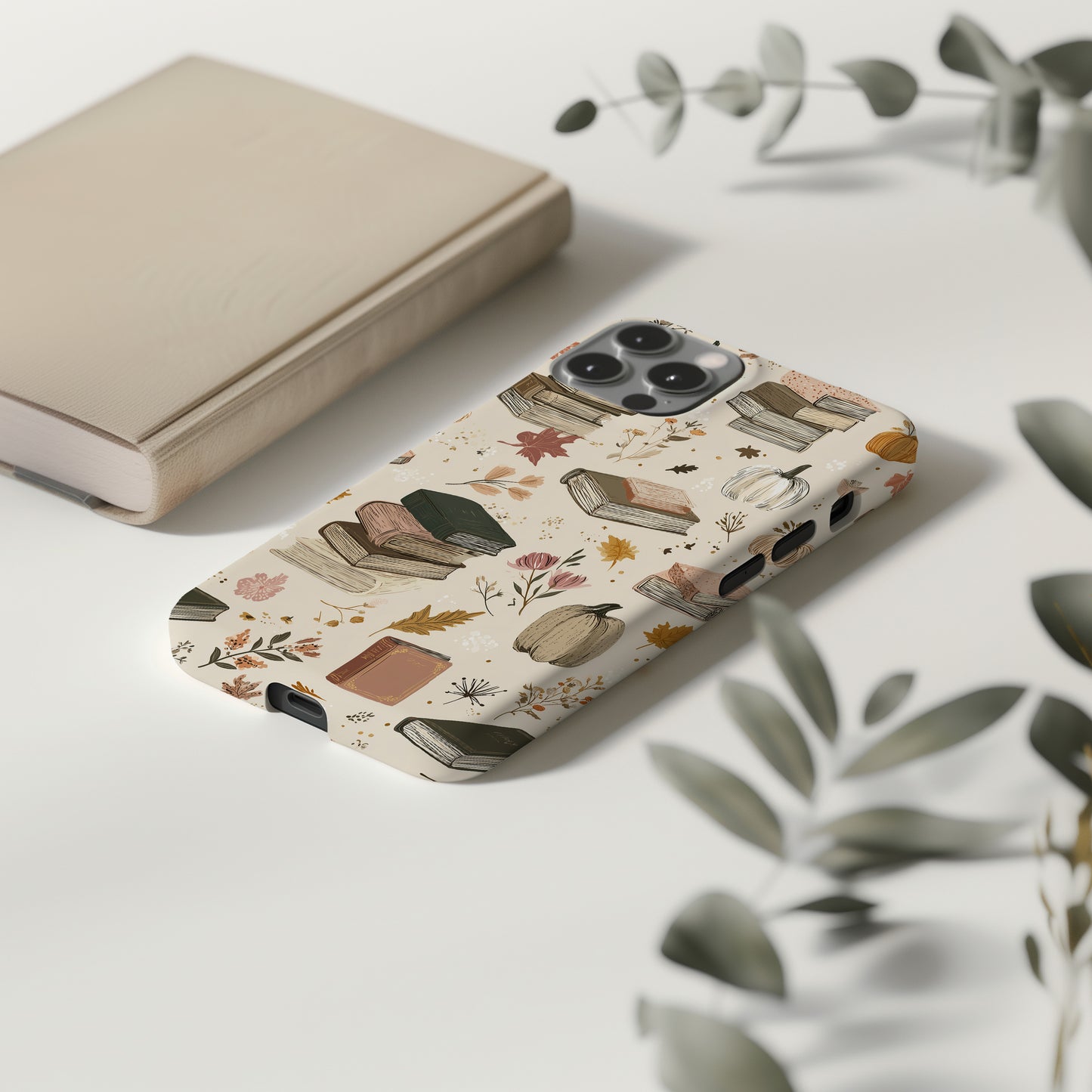 Cozy Autumn Books & Pumpkins Phone Case – Fall Aesthetic Protective Cover