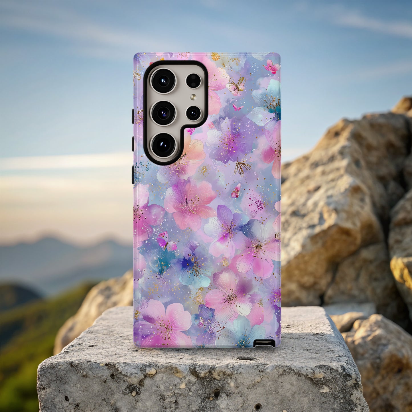 Enchanted Blossom Phone Case – Pastel Pink & Purple Floral with Butterflies ✨🌸
