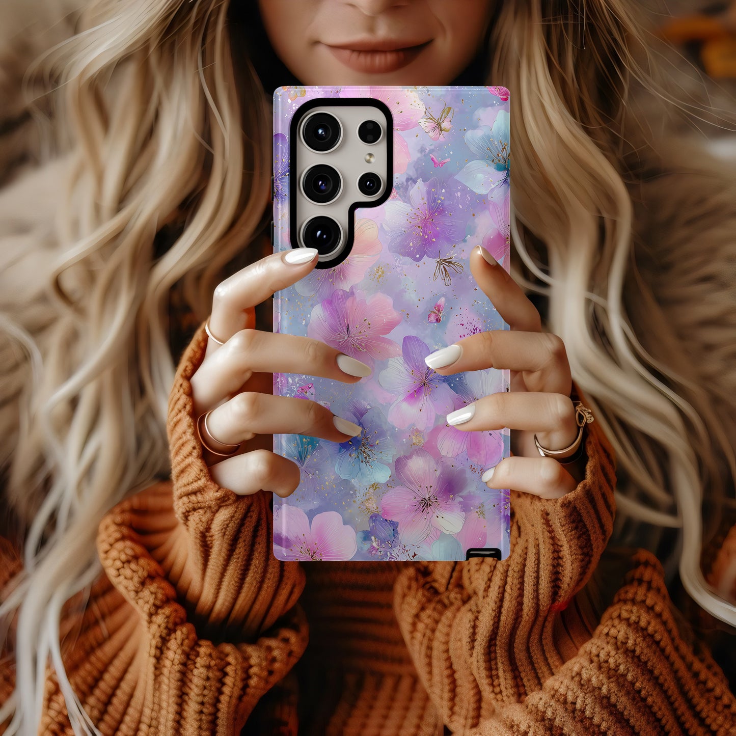 Enchanted Blossom Phone Case – Pastel Pink & Purple Floral with Butterflies ✨🌸