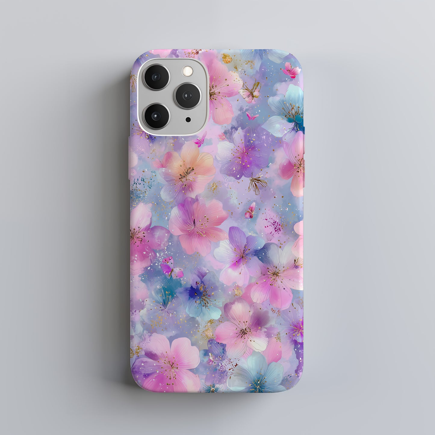 Enchanted Blossom Phone Case – Pastel Pink & Purple Floral with Butterflies ✨🌸