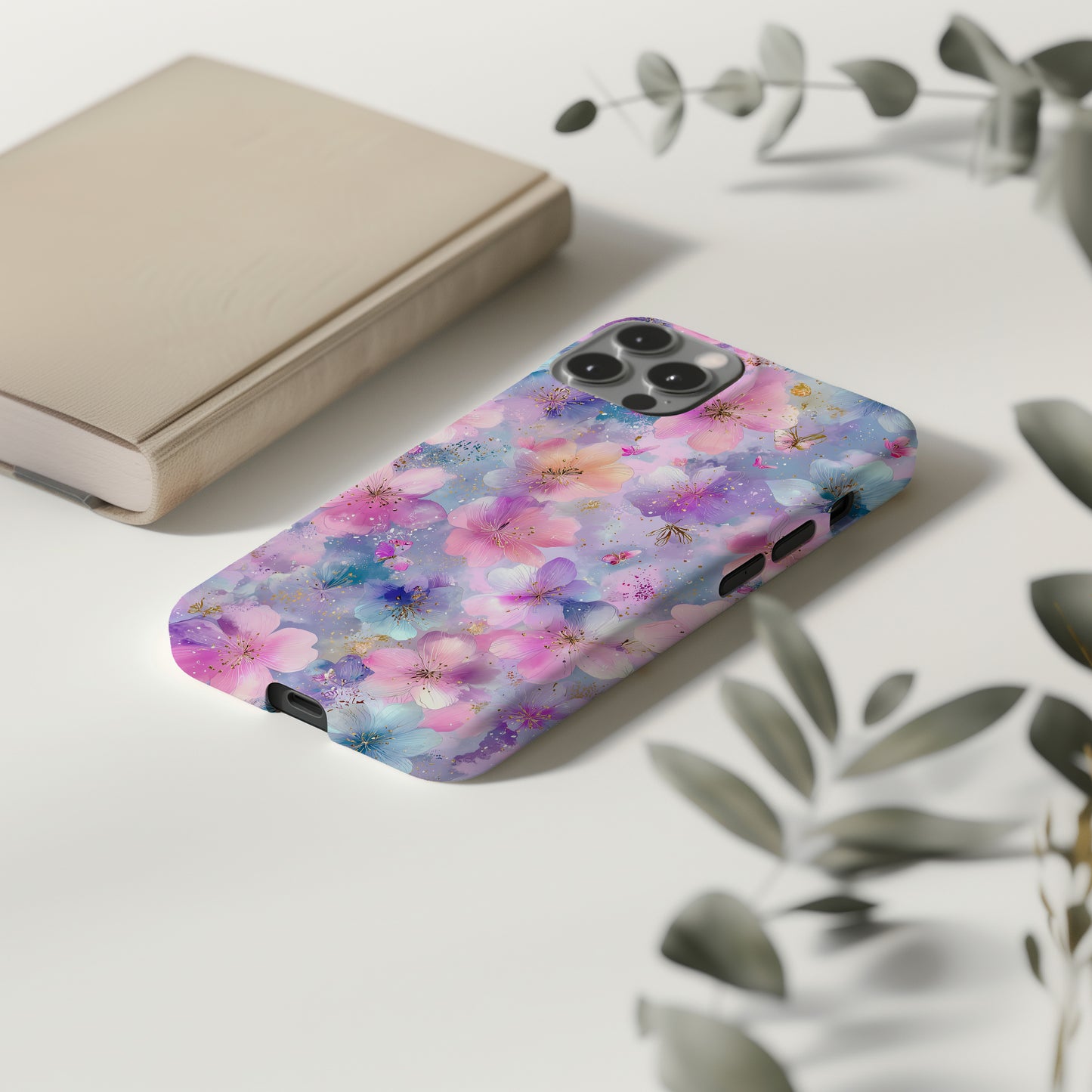 Enchanted Blossom Phone Case – Pastel Pink & Purple Floral with Butterflies ✨🌸