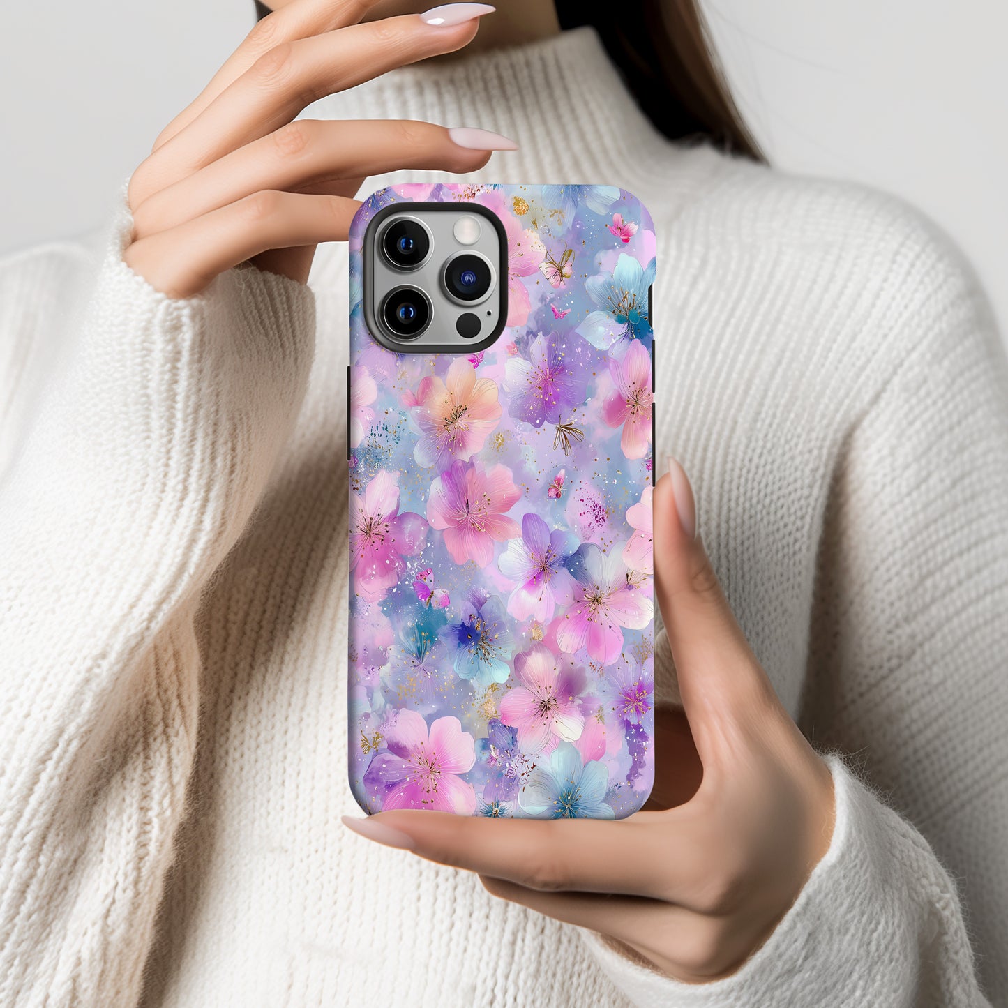 Enchanted Blossom Phone Case – Pastel Pink & Purple Floral with Butterflies ✨🌸