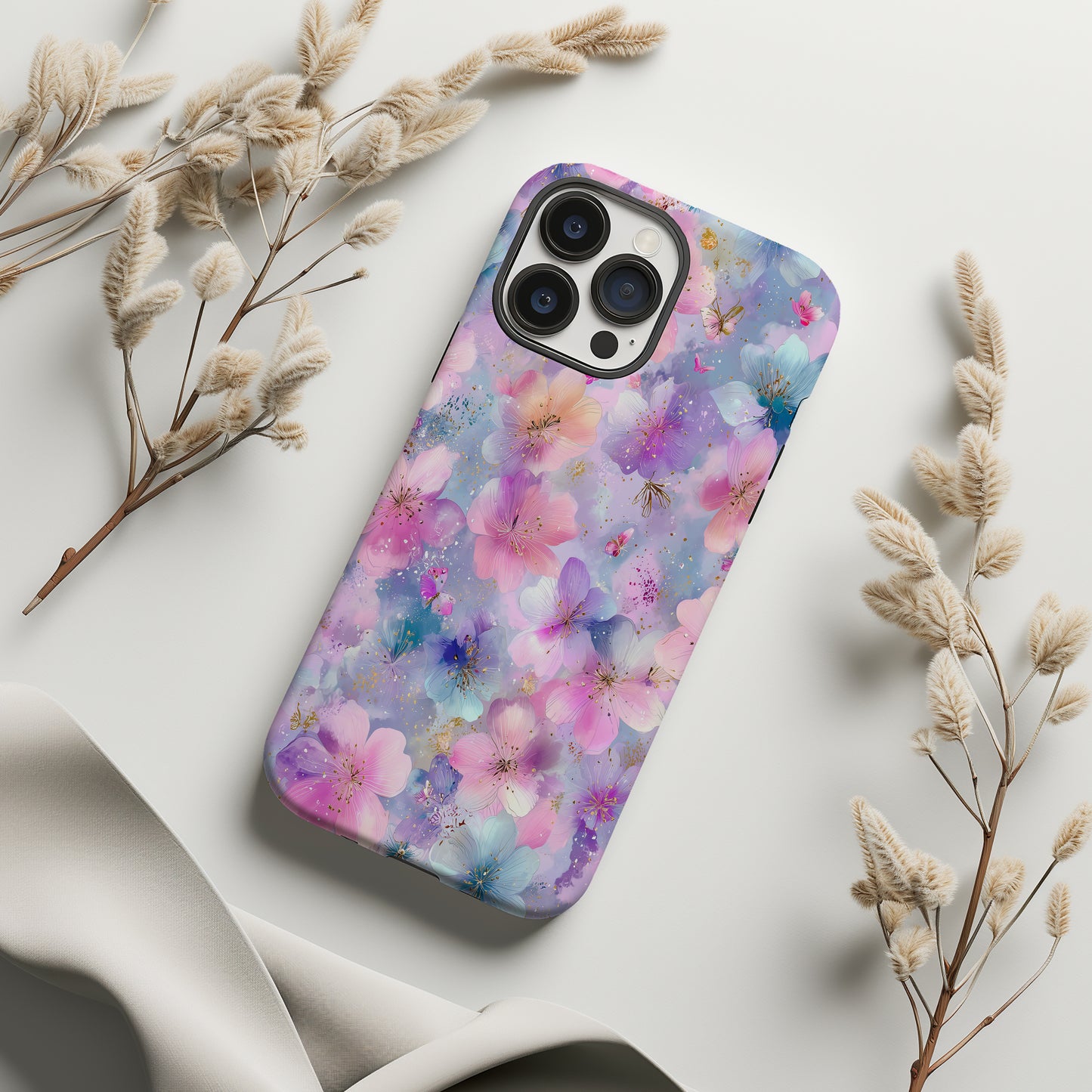 Enchanted Blossom Phone Case – Pastel Pink & Purple Floral with Butterflies ✨🌸