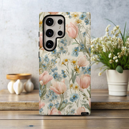 🌷 Vintage Tulip & Daisy Protective Phone Case – Elegant Floral Design