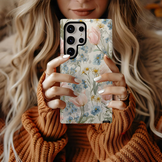 🌷 Vintage Tulip & Daisy Protective Phone Case – Elegant Floral Design