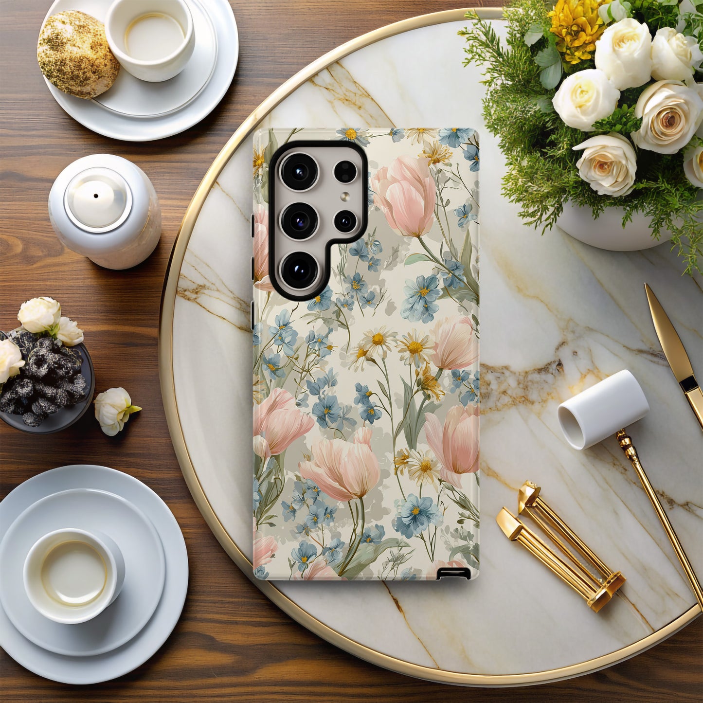 🌷 Vintage Tulip & Daisy Protective Phone Case – Elegant Floral Design