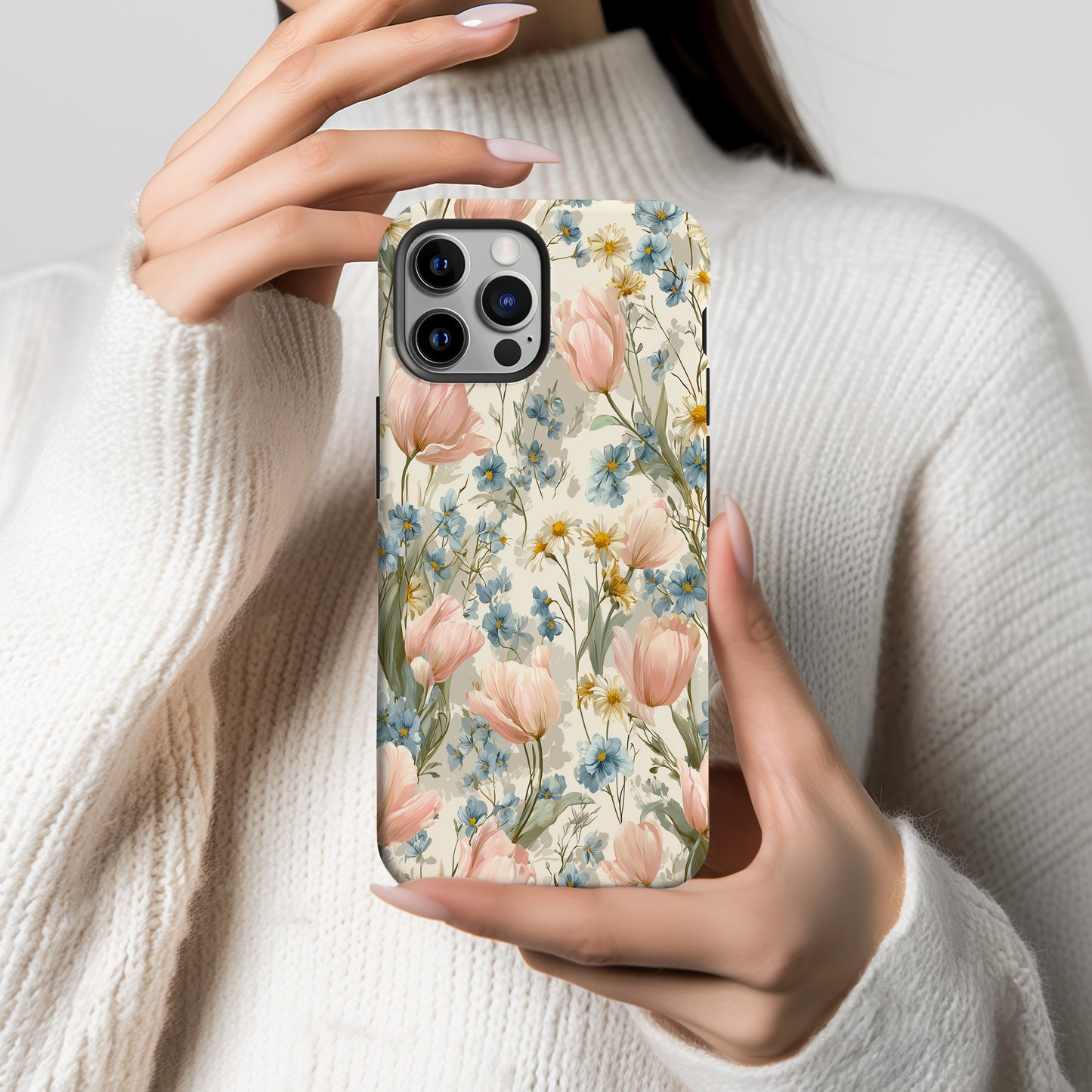🌷 Vintage Tulip & Daisy Protective Phone Case – Elegant Floral Design