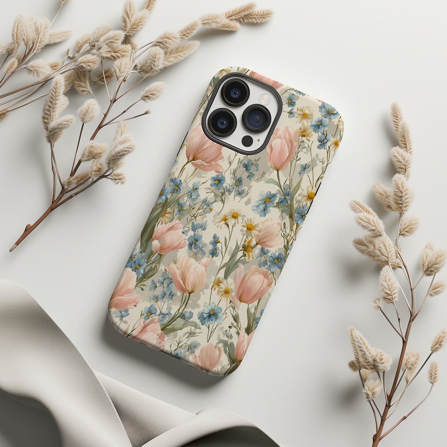 🌷 Vintage Tulip & Daisy Protective Phone Case – Elegant Floral Design