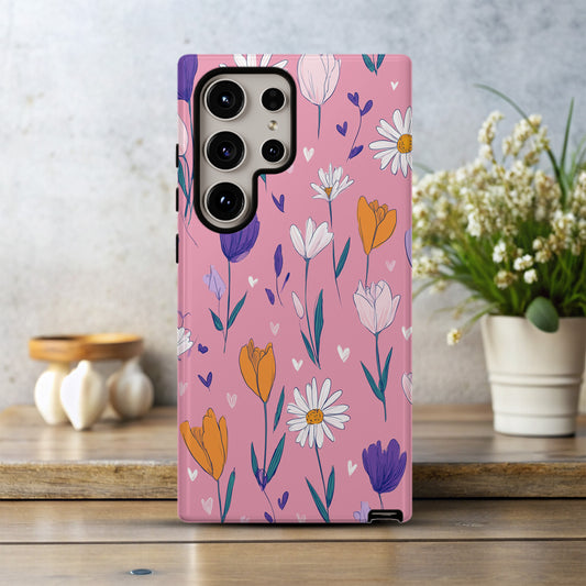 🌼 Playful Daisy & Tulip Protective Phone Case – Hand-Drawn Floral Design