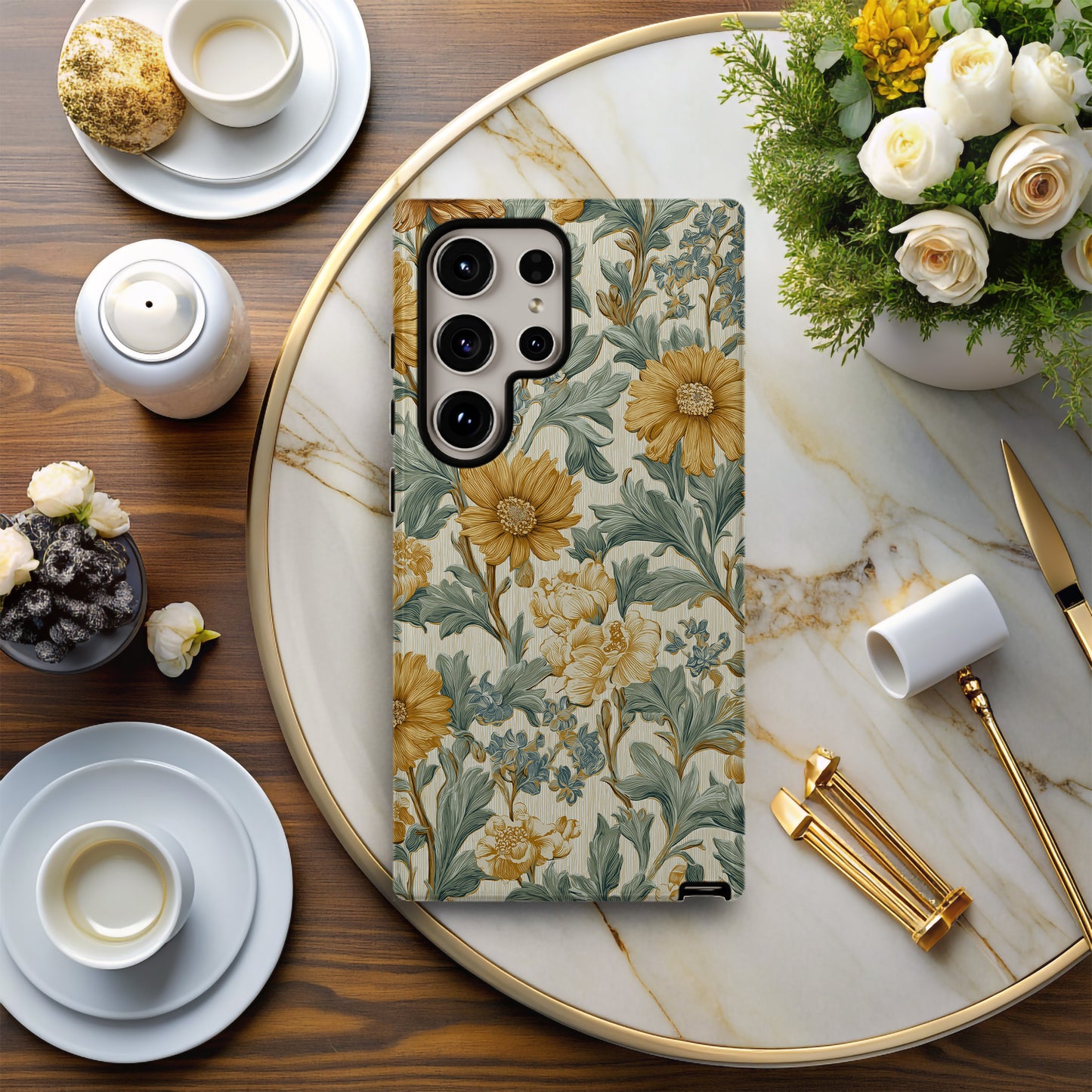 Golden Garden Phone Case – Vintage Botanical Floral Protective Case