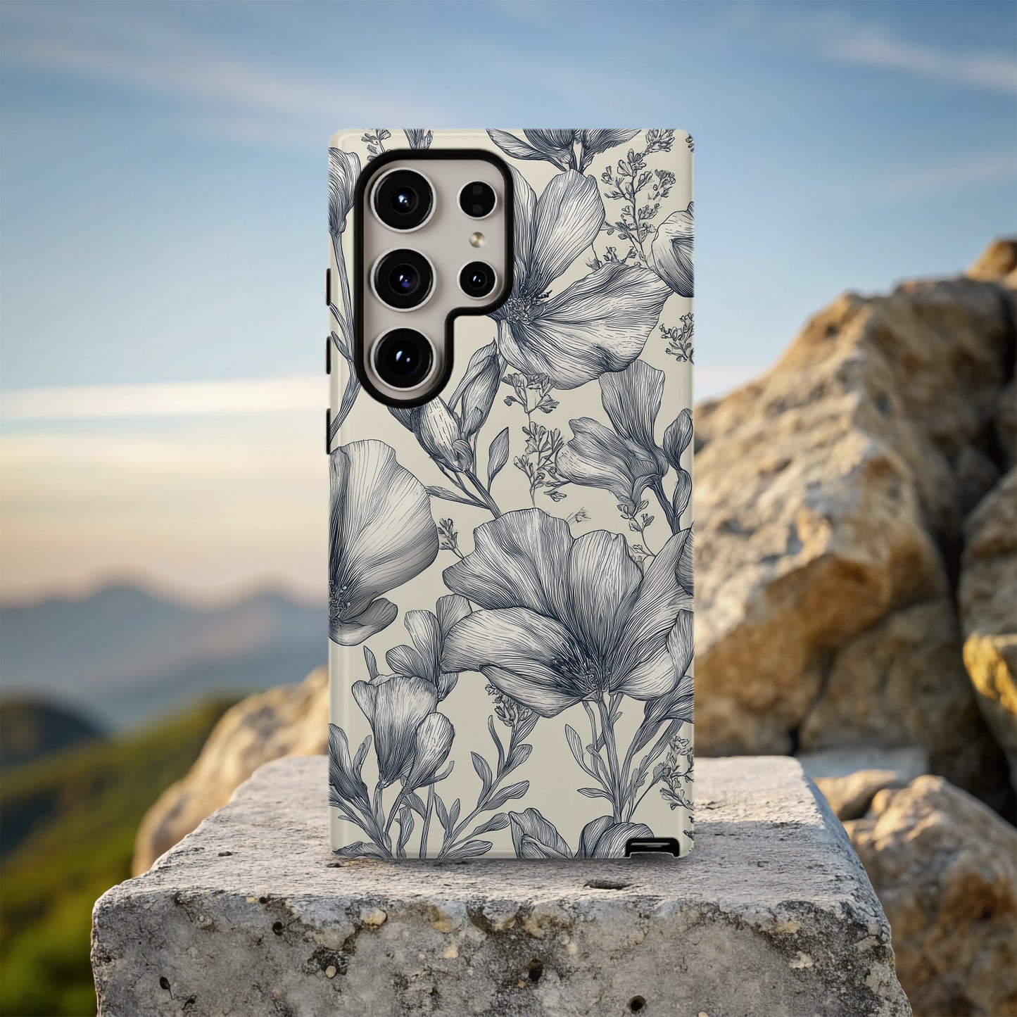 Monochrome Bloom Phone Case – Elegant Black & White Floral Protective Case