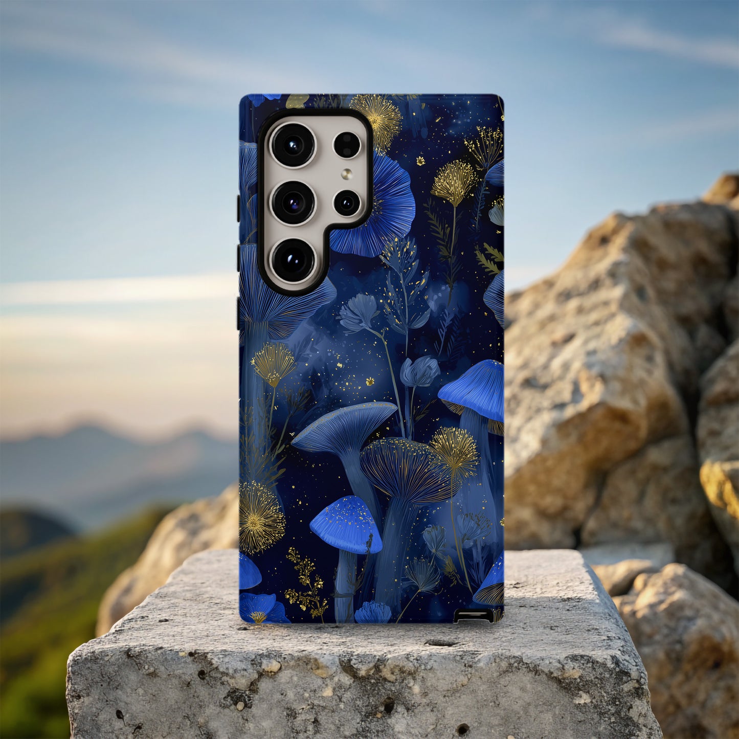 Starlit Forest Phone Case – Midnight Blue Botanical & Mushroom