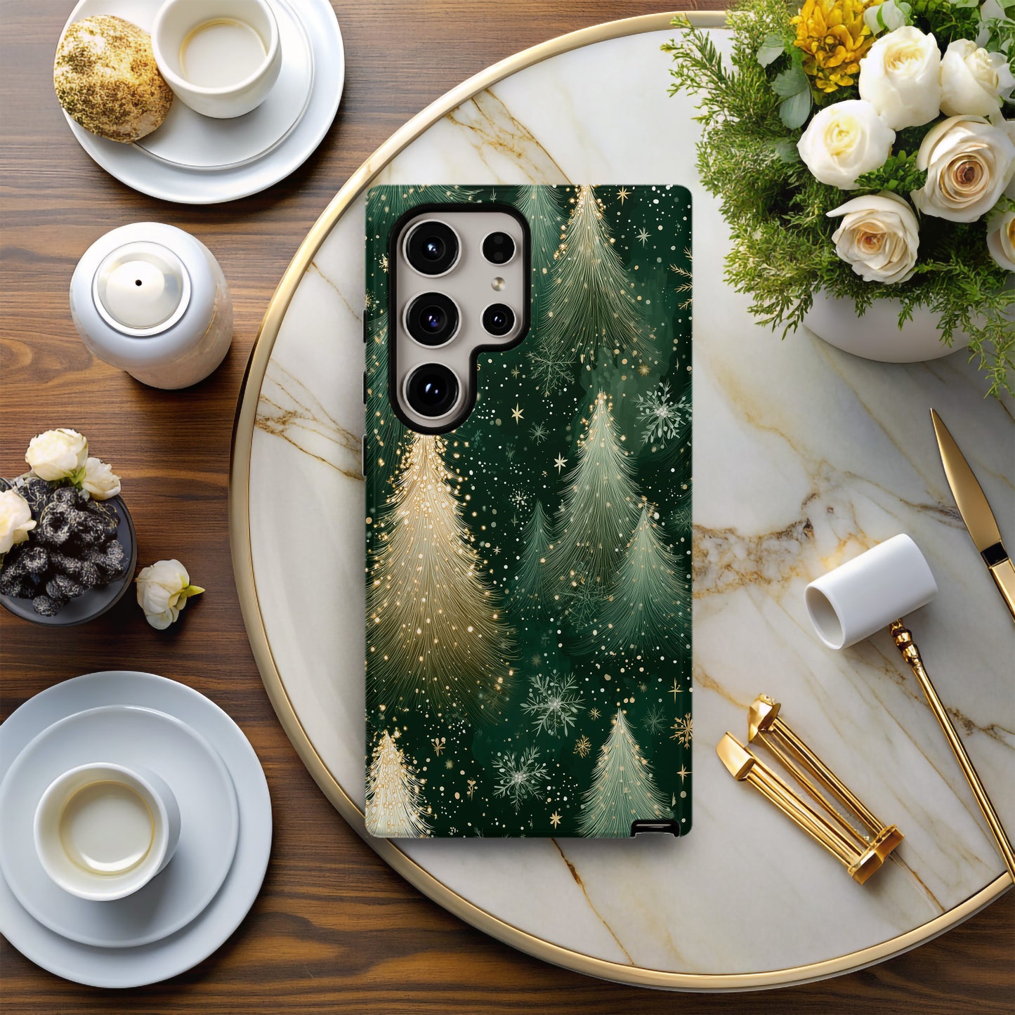 Golden Evergreen Christmas Phone Case – Festive Tree Design