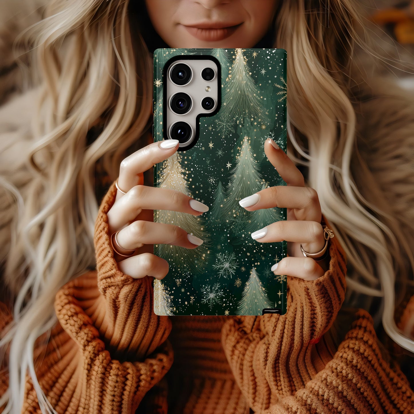 Golden Evergreen Christmas Phone Case – Festive Tree Design